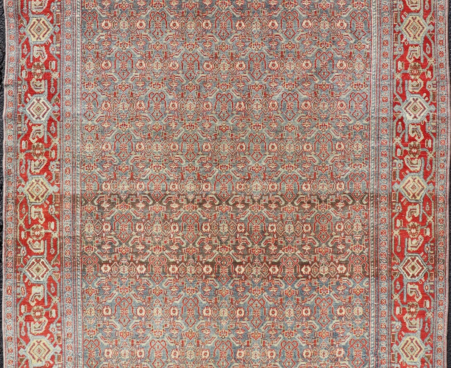 Fine Antique Persian Senneh Rug with Herati Geometric Design in Background In Good Condition For Sale In Atlanta, GA