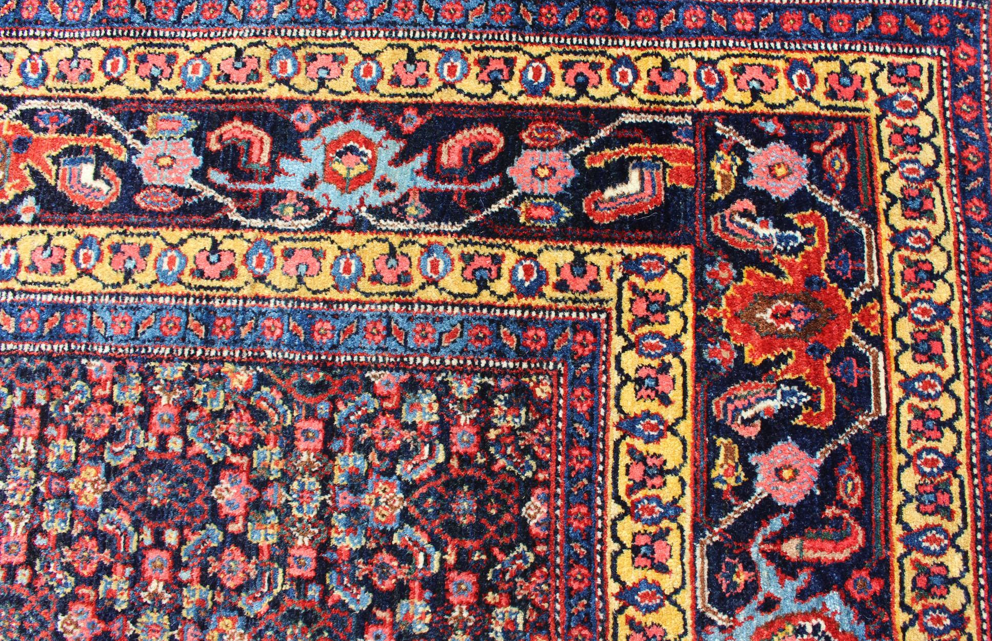 Fine Antique Persian Senneh Rug with Herati Geometric Design in Blue Background For Sale 4