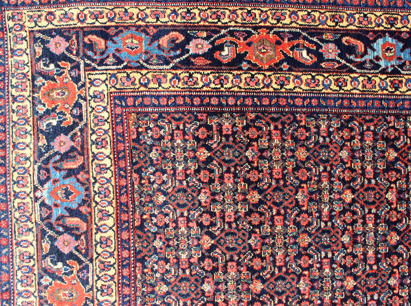 Fine Antique Persian Senneh Rug with Herati Geometric Design in Blue Background For Sale 6