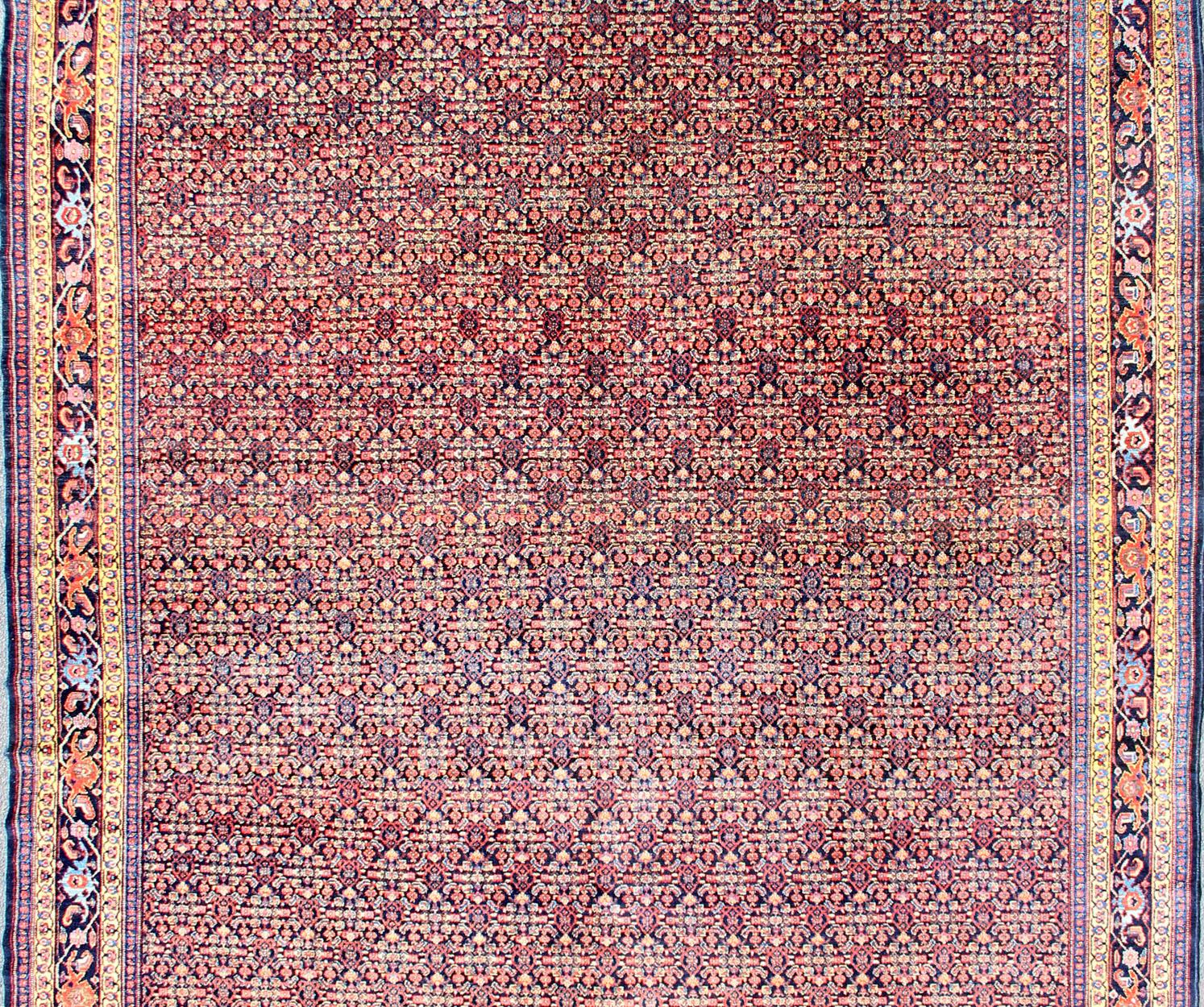 Tabriz Fine Antique Persian Senneh Rug with Herati Geometric Design in Blue Background For Sale