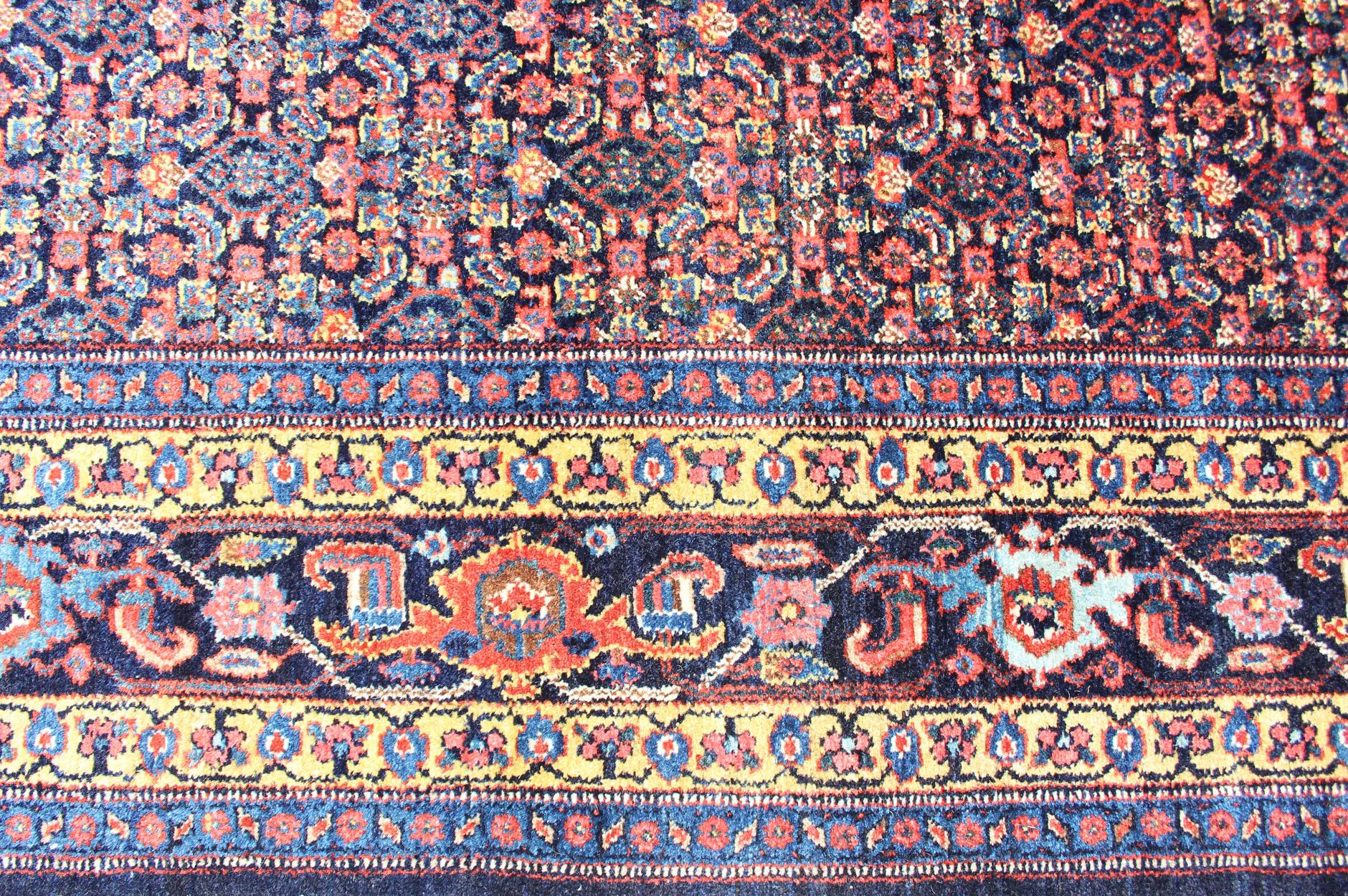 Fine Antique Persian Senneh Rug with Herati Geometric Design in Blue Background In Excellent Condition For Sale In Atlanta, GA
