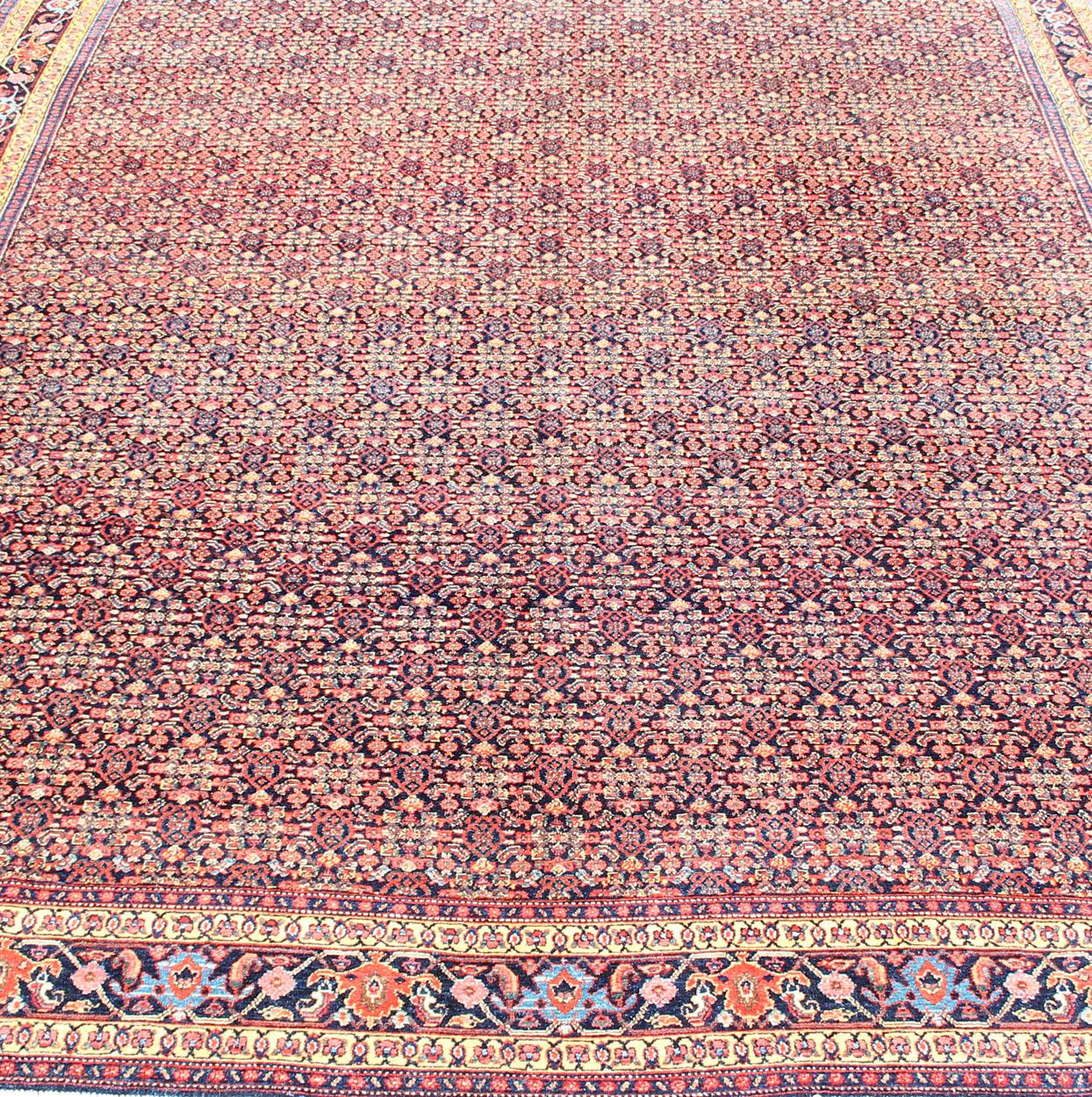 Wool Fine Antique Persian Senneh Rug with Herati Geometric Design in Blue Background For Sale