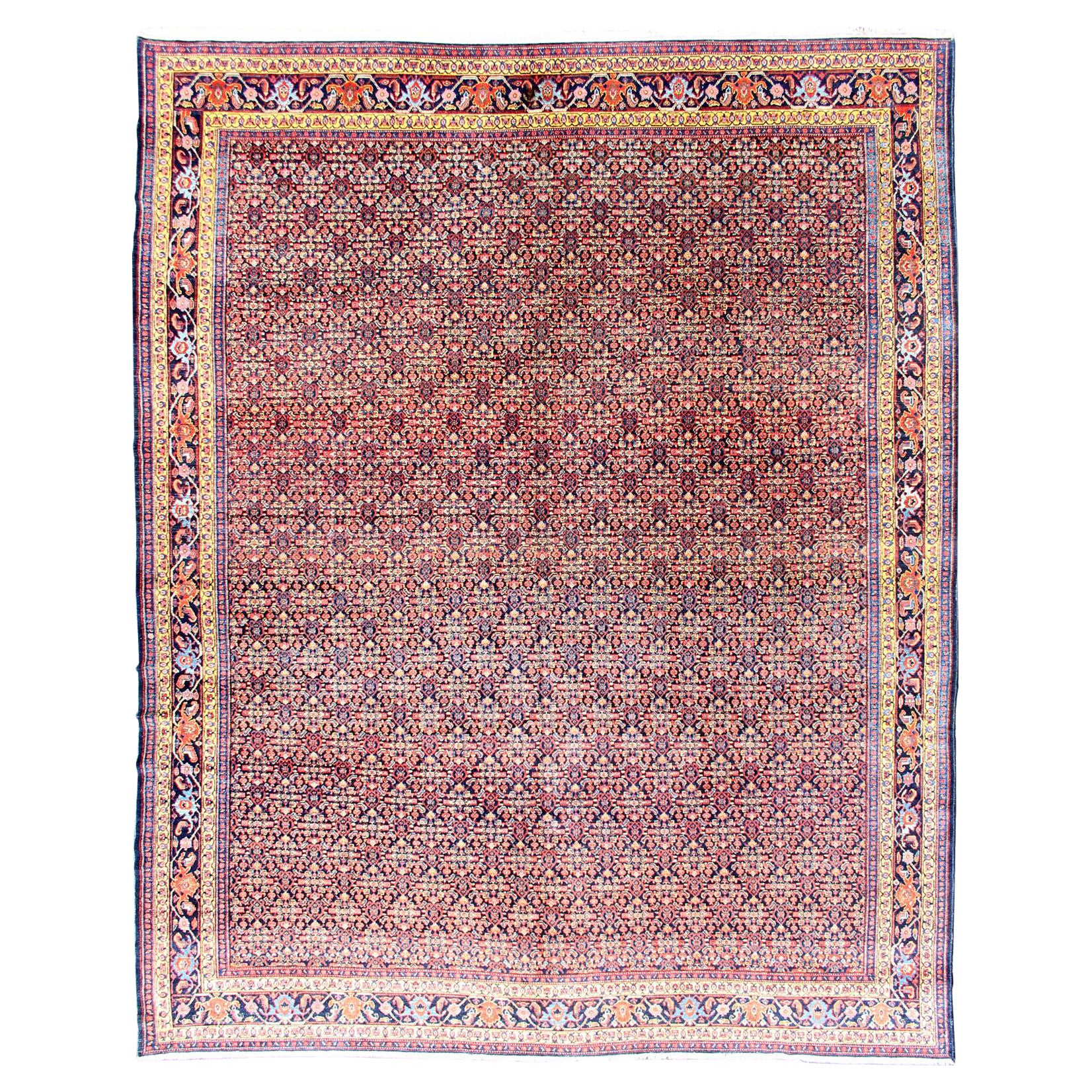Fine tapis persan ancien Senneh avec motif géométrique Herati sur fond bleu