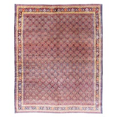 Tappeto antico persiano Senneh con disegno geometrico Herati su sfondo blu