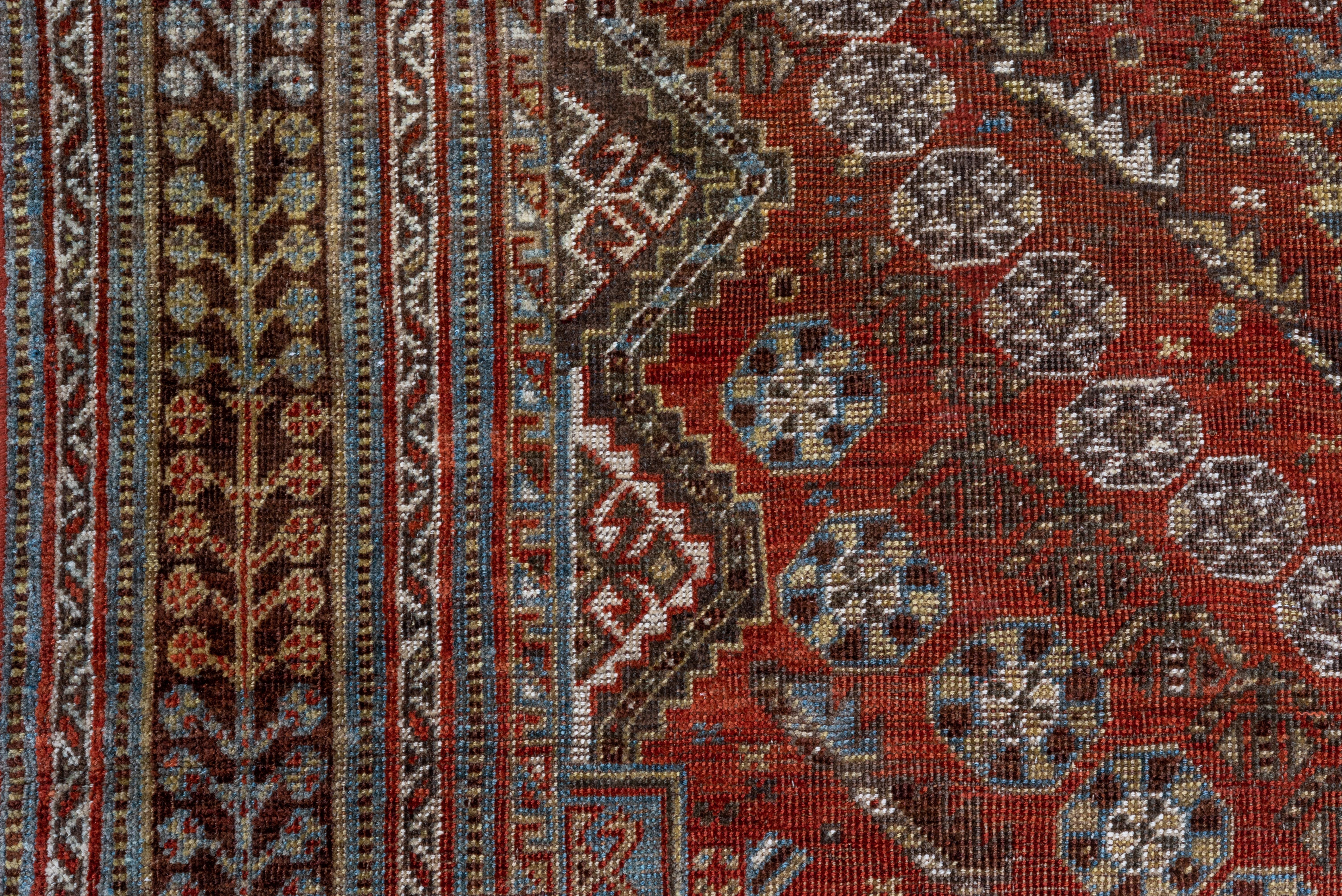 Tribal Fine Antique Persian Shiraz Rug, Rust & Red Inner Field, Light Blue Outer Field For Sale