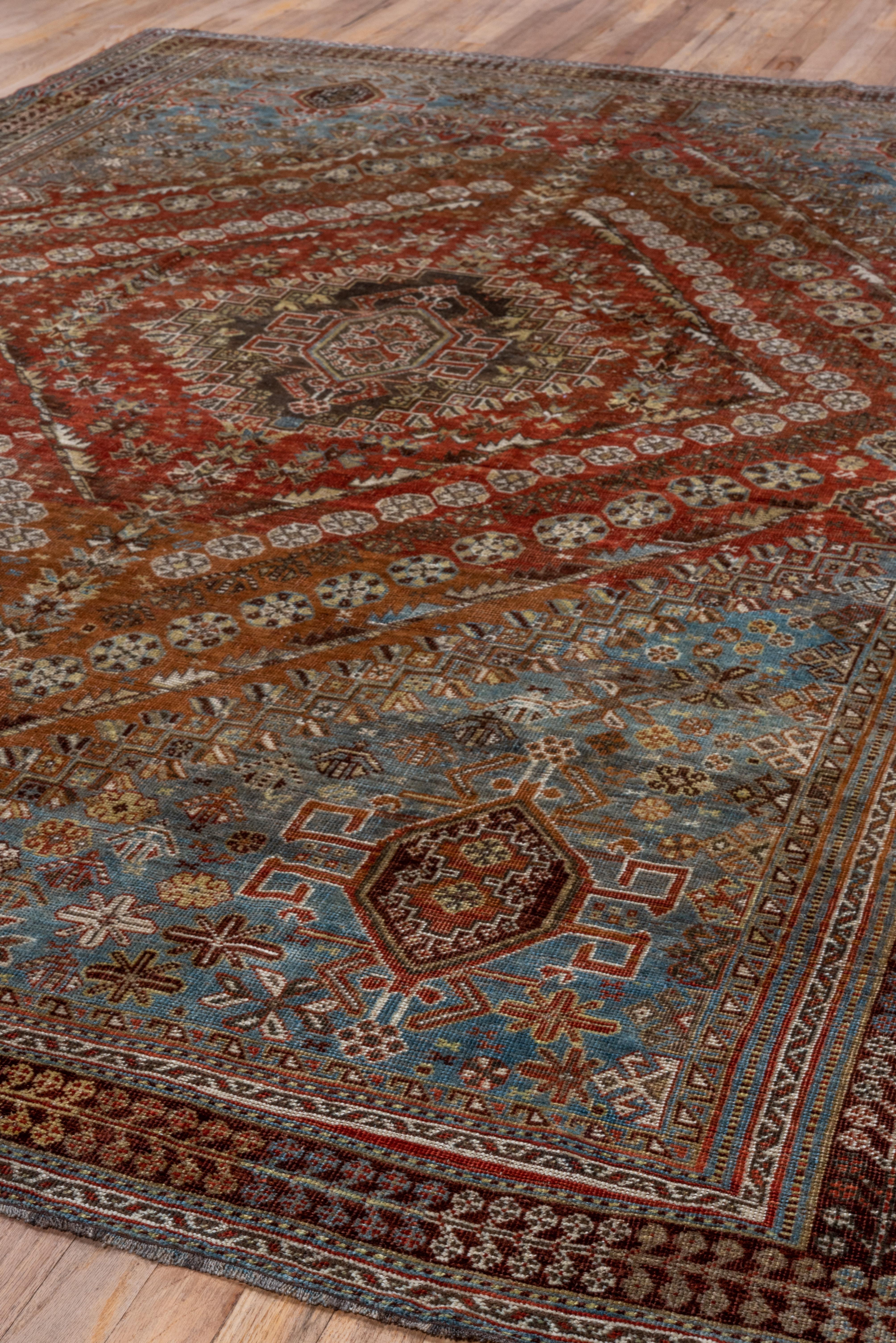 Mid-20th Century Fine Antique Persian Shiraz Rug, Rust & Red Inner Field, Light Blue Outer Field For Sale
