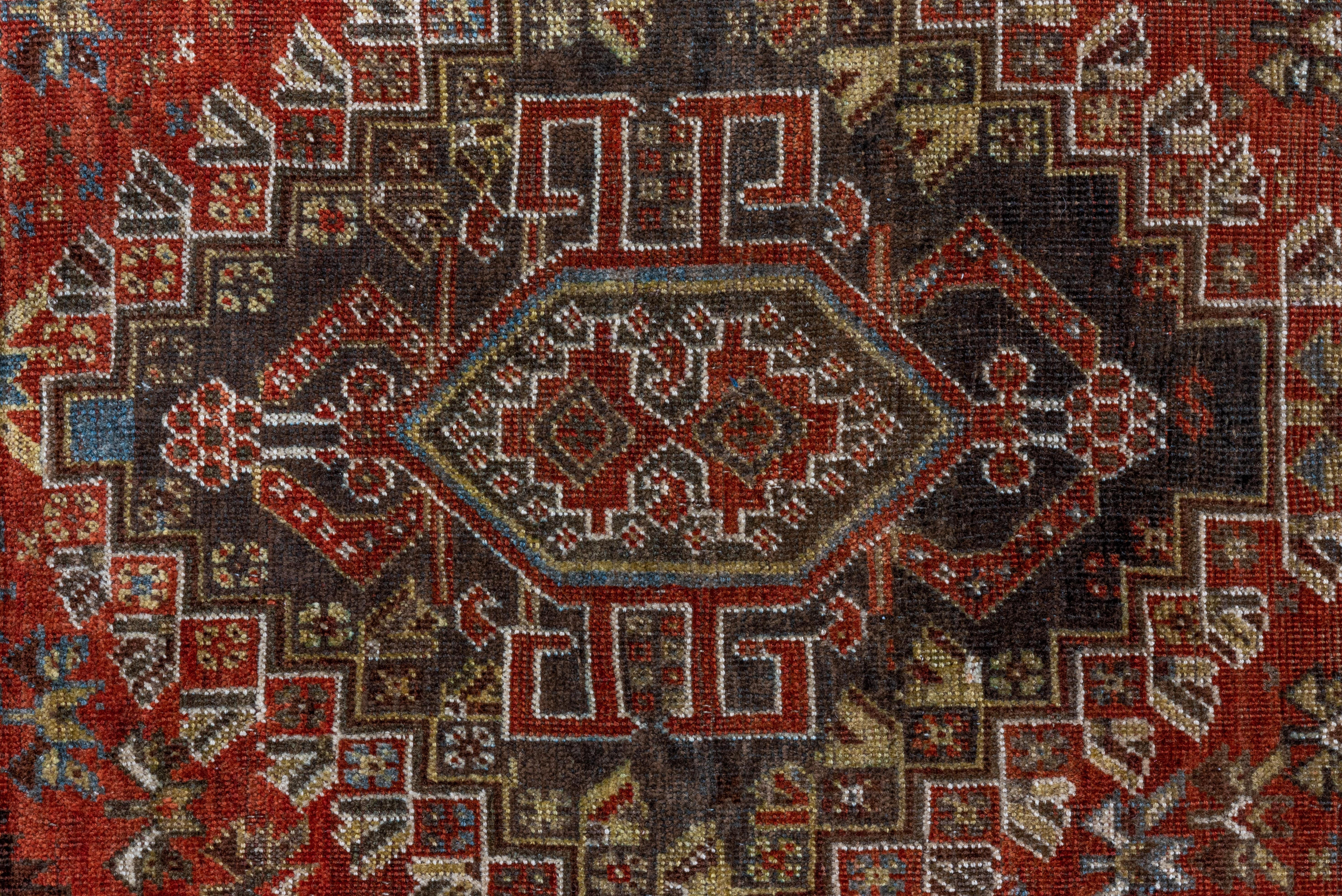 Wool Fine Antique Persian Shiraz Rug, Rust & Red Inner Field, Light Blue Outer Field For Sale