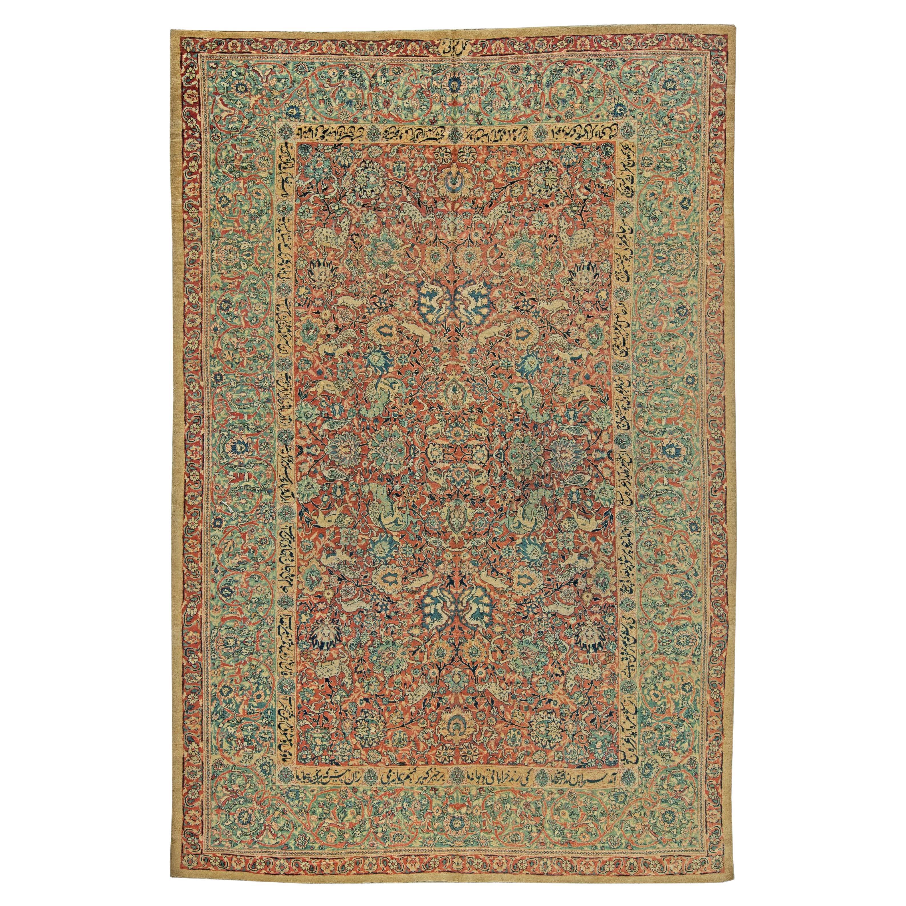 Antiker persischer handgewebter botanischer Täbris-Teppich aus Wolle