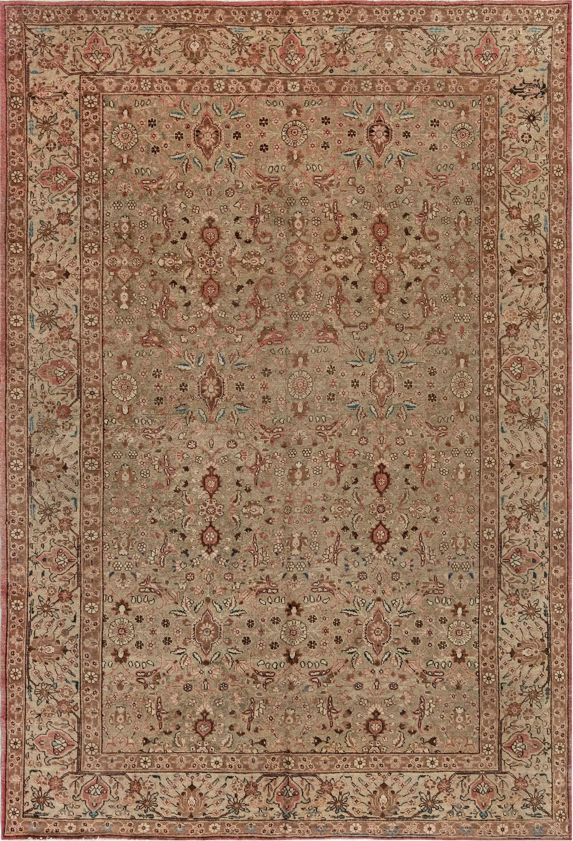 Early 20th Century Persian Tabriz Botanic Brown Handmade Wool Rug