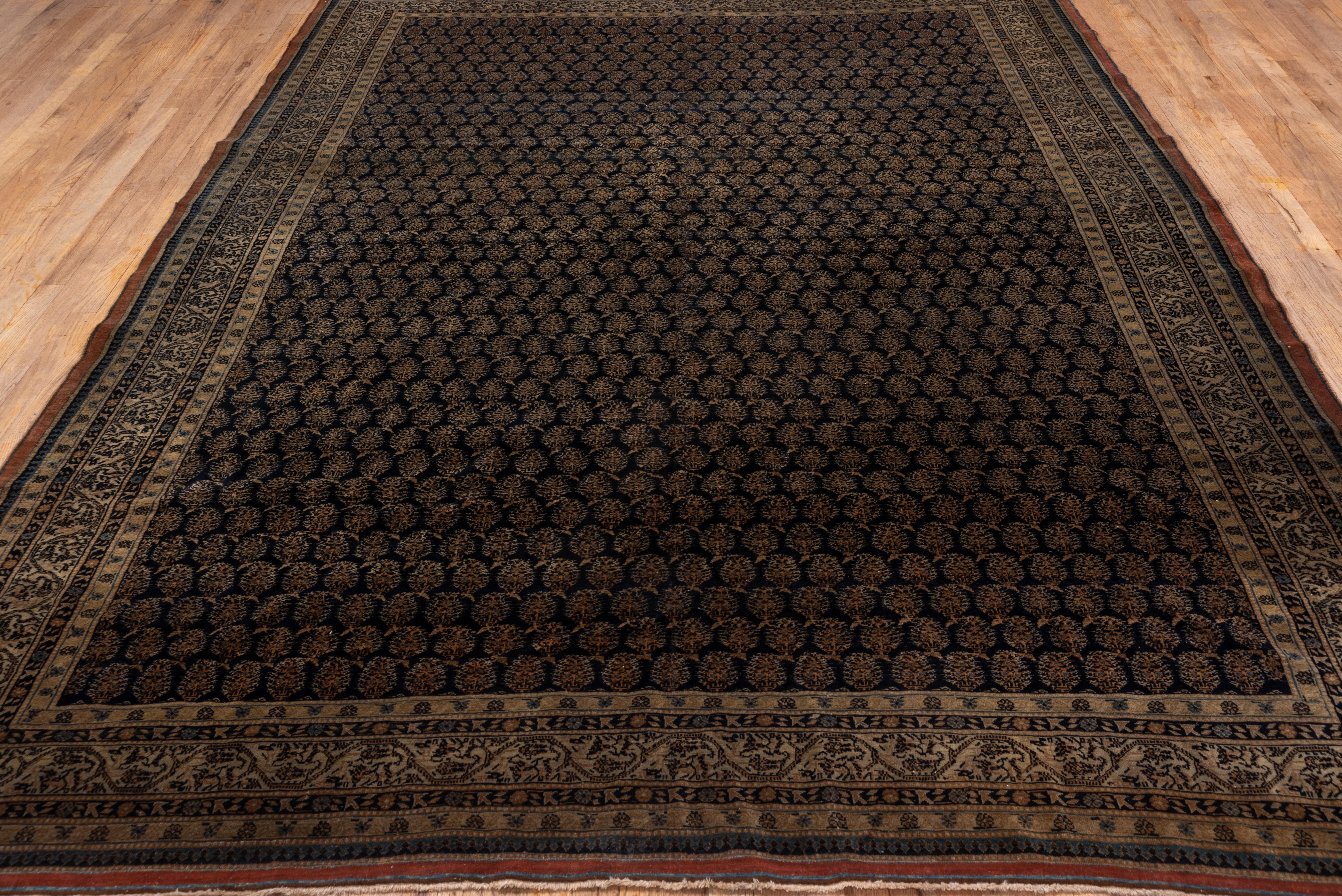 Fine Antique Persian Tabriz Carpet, Allover Dark Navy Field, Allover Design In Good Condition For Sale In New York, NY