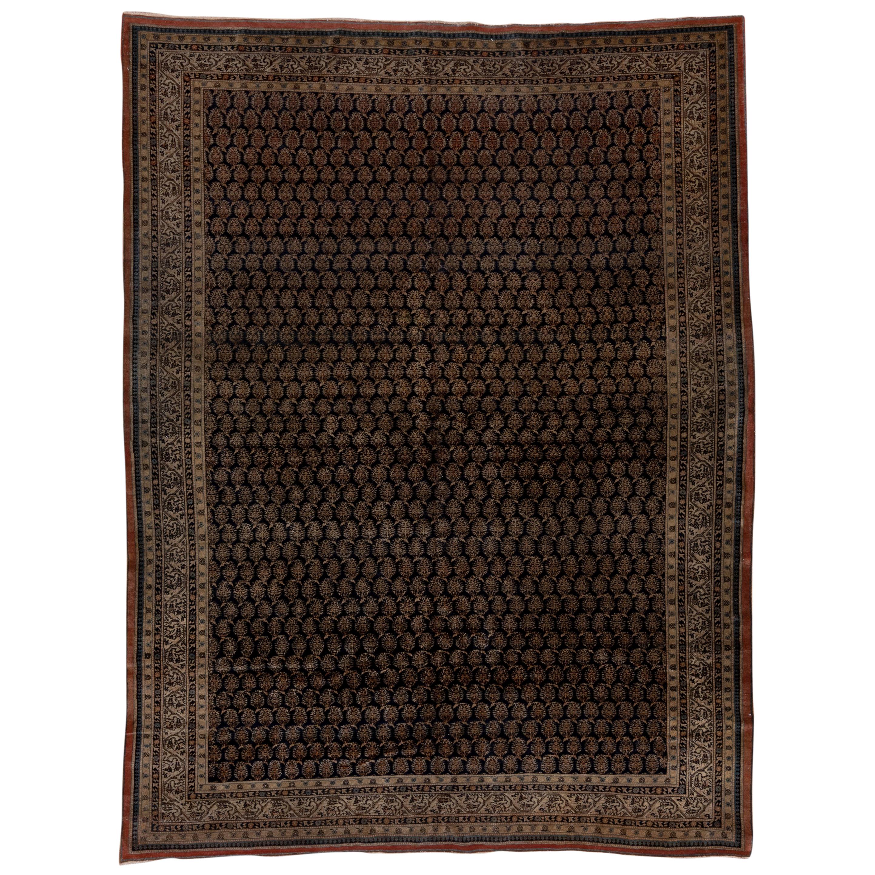 Fine Antique Persian Tabriz Carpet, Allover Dark Navy Field, Allover Design For Sale
