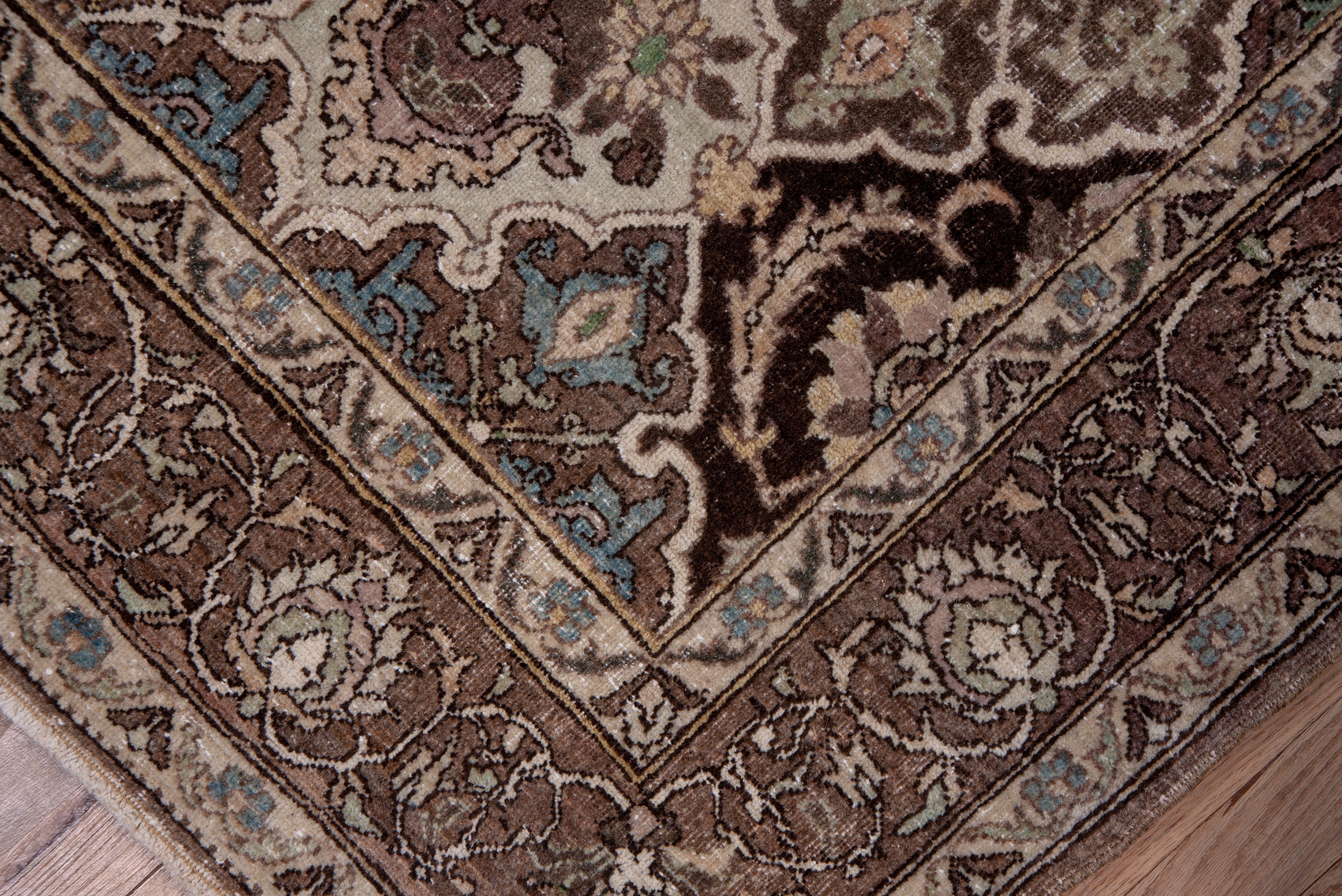 Hand-Knotted Fine Antique Persian Tabriz Kellegi Rug, Brown Palette, Seafoam & Blue Accents For Sale