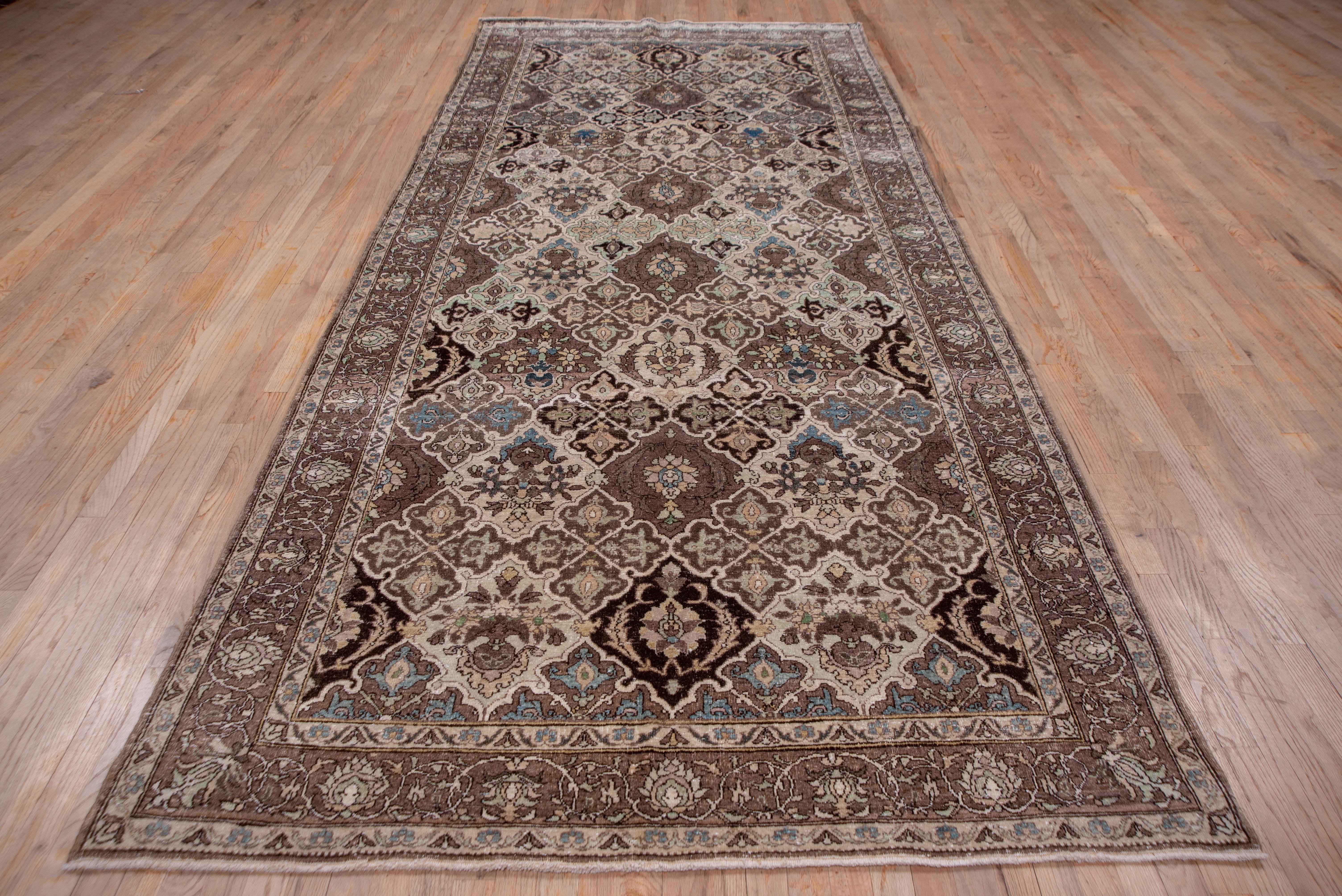 Fine Antique Persian Tabriz Kellegi Rug, Brown Palette, Seafoam & Blue Accents In Good Condition For Sale In New York, NY