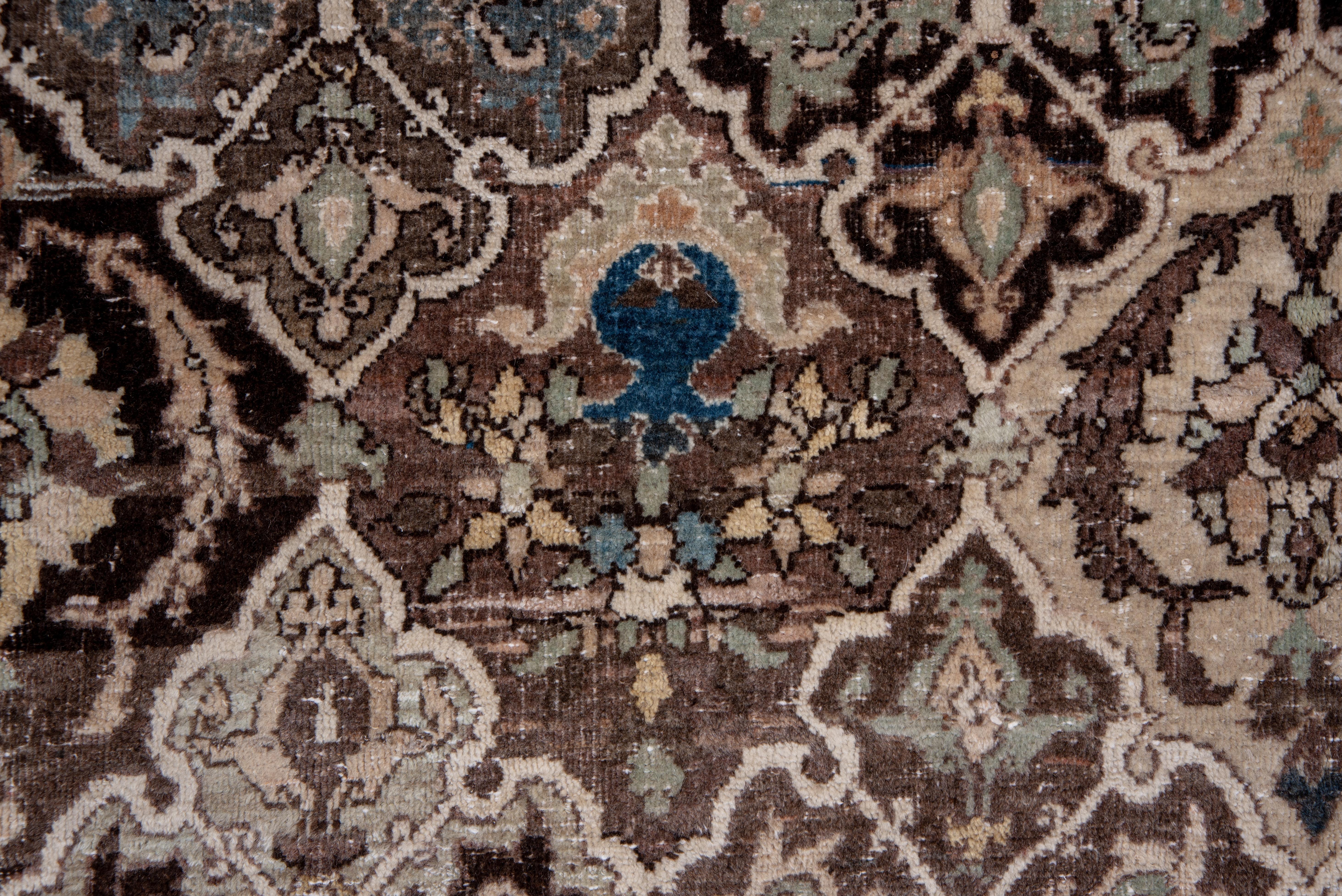 Fine Antique Persian Tabriz Kellegi Rug, Brown Palette, Seafoam & Blue Accents For Sale 2