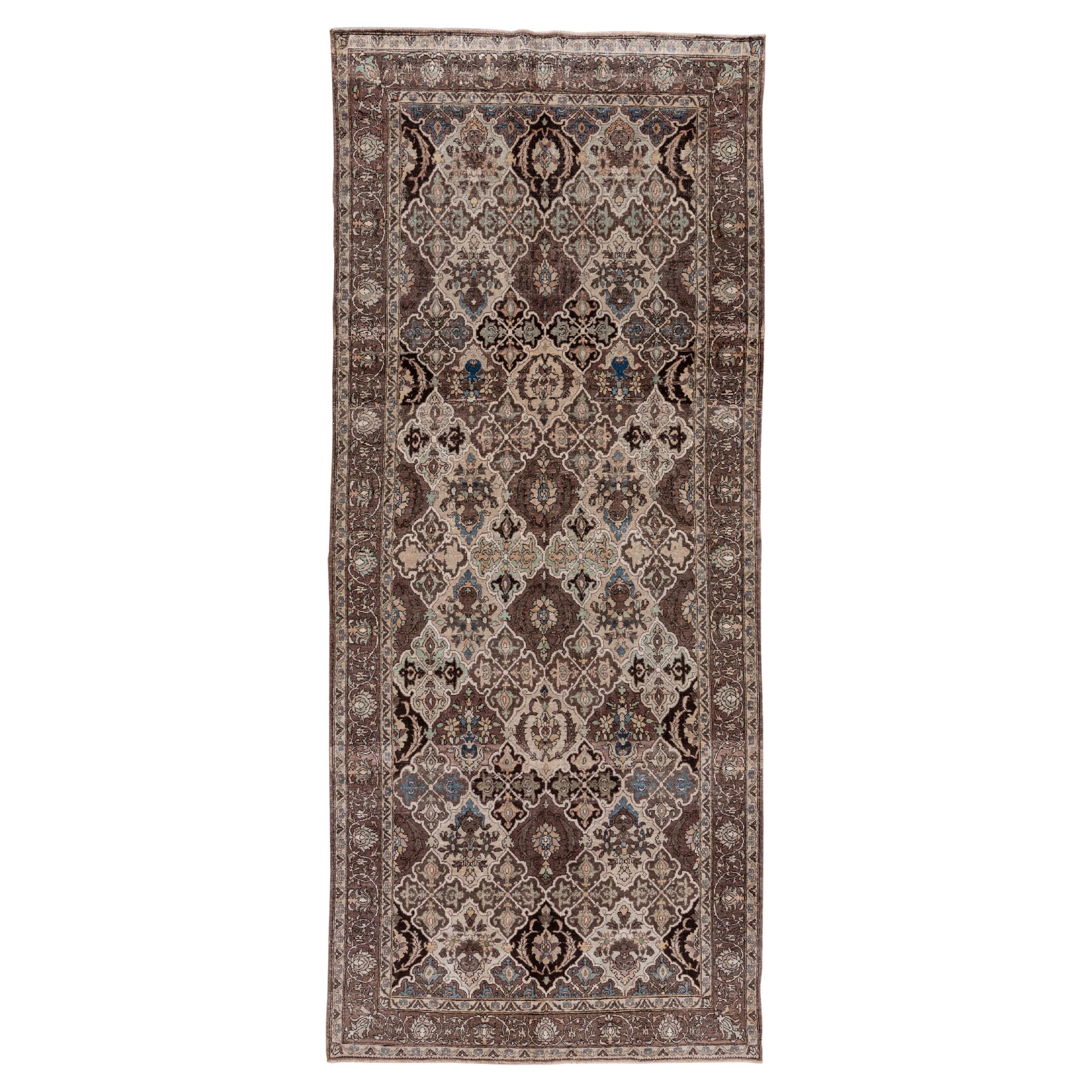Fine Antique Persian Tabriz Kellegi Rug, Brown Palette, Seafoam & Blue Accents For Sale