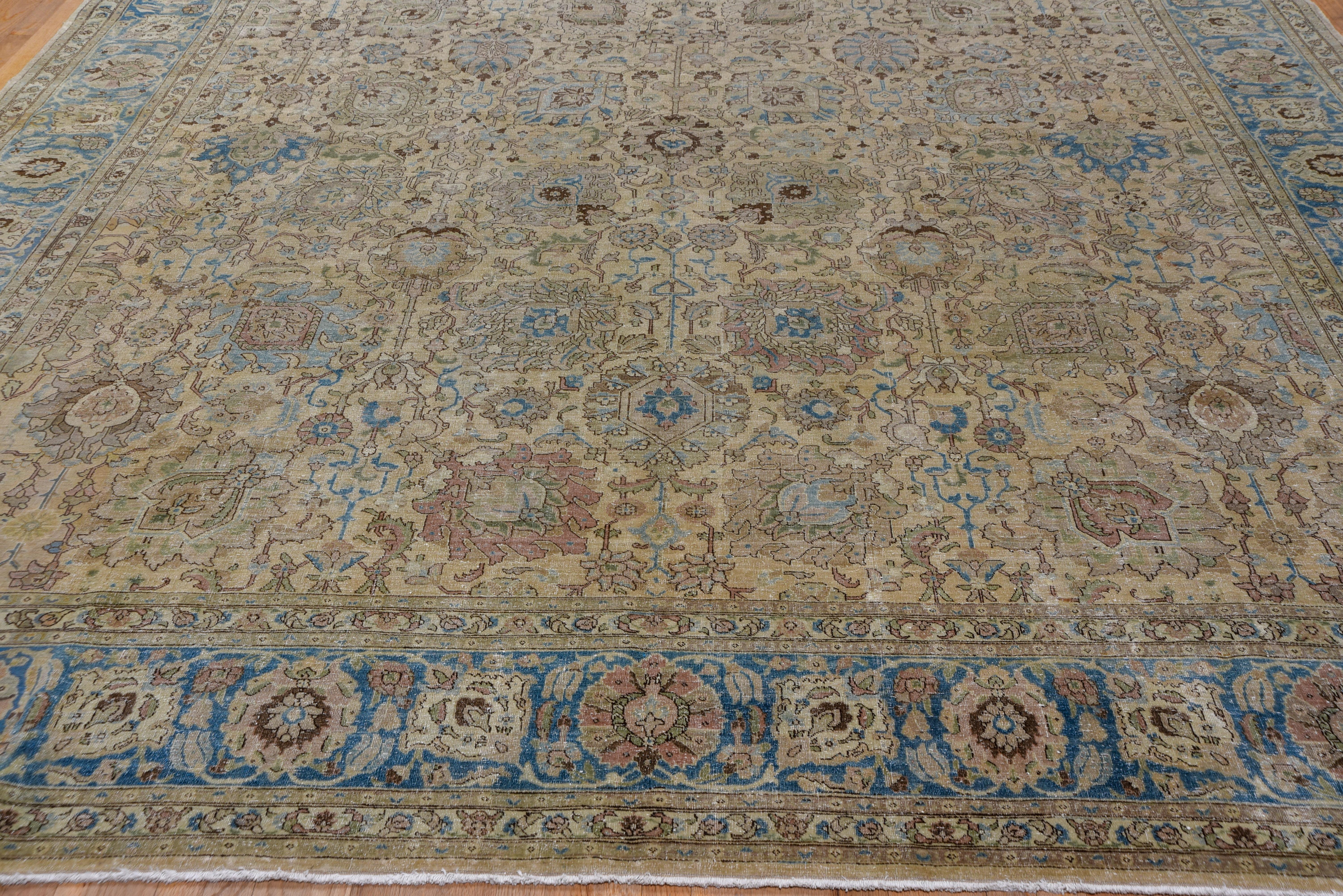 Hand-Knotted Fine Antique Persian Tabriz Rug, All-Over Field, Blue Borders, circa 1920s For Sale