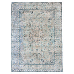 Fine Antique Persian Tabriz Rug, Mint Green Field, Periwinkle Borders