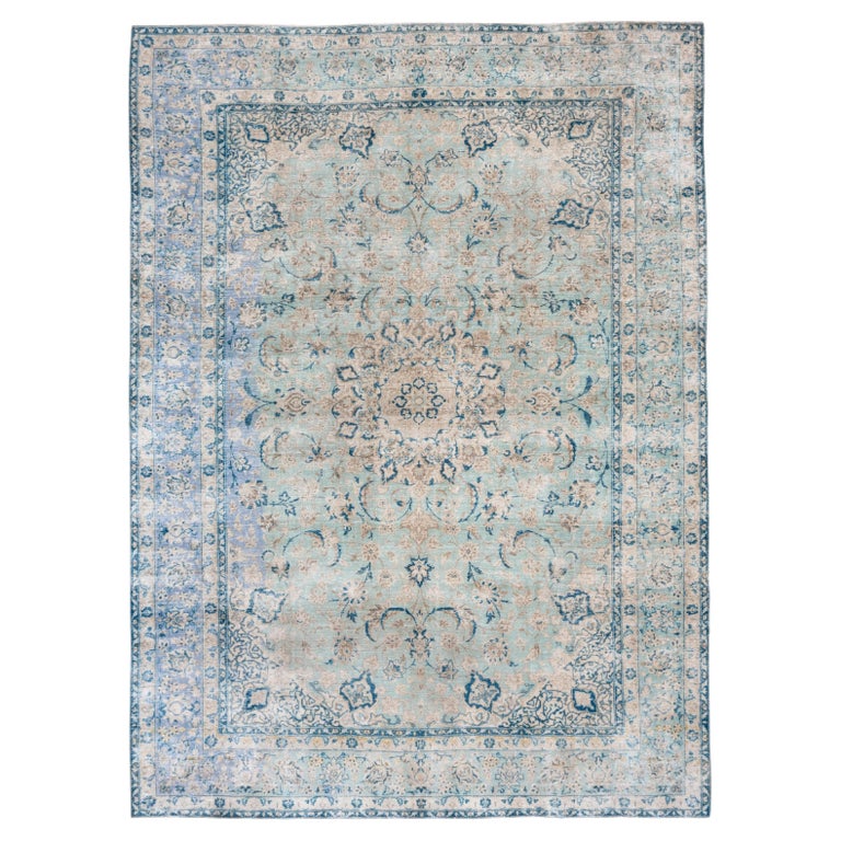 Periwinkle Modern Rug Fine Antique Persian Tabriz Rug, Mint Green Field, Periwinkle Borders ...