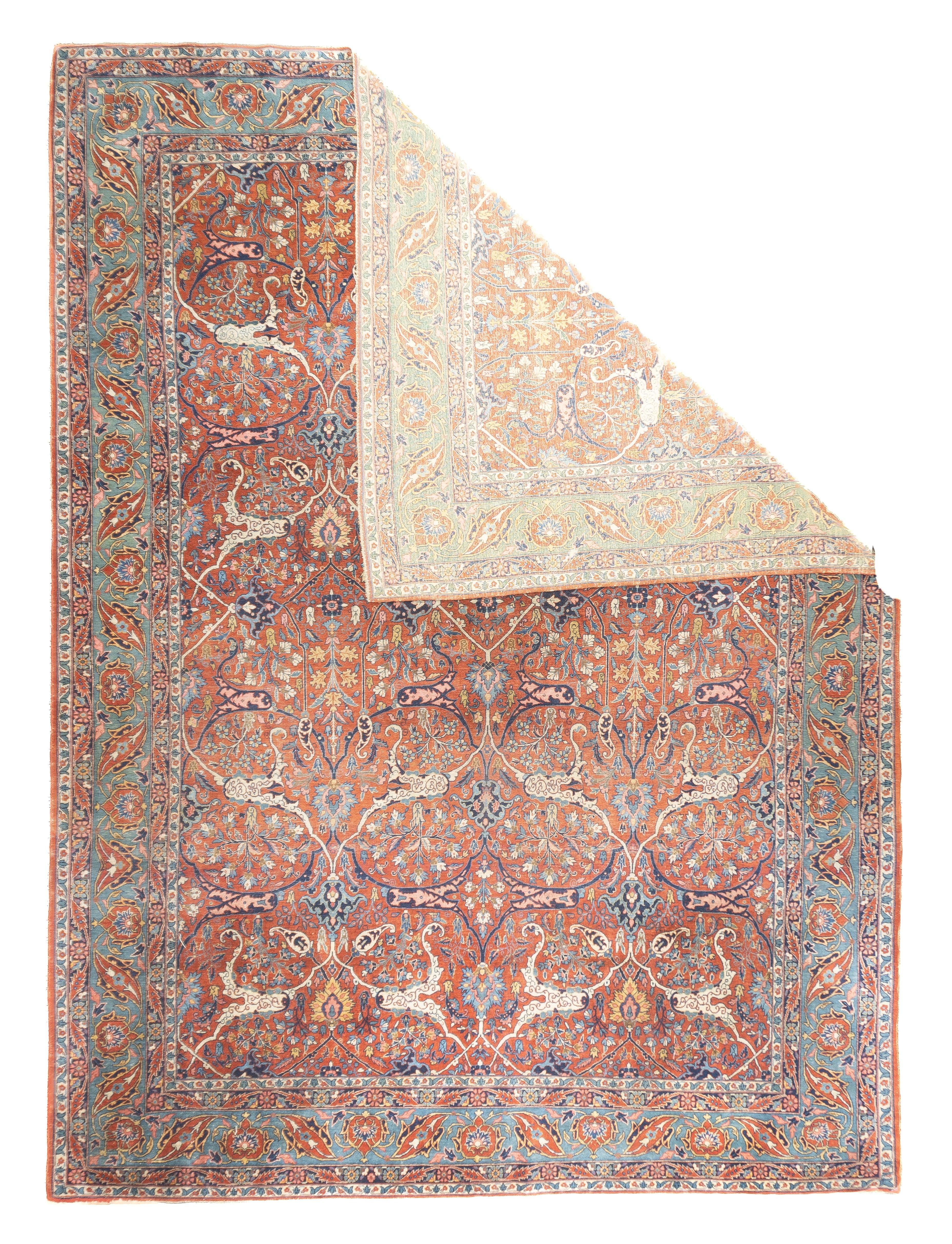 Feiner antiker persischer Teheran-Teppich 8'8'' x 11'10''. Die zwischen den beiden Weltkriegen in der persischen Hauptstadt geknüpften, fein gewebten, kurvilinearen Scatters und ROOMS. Medaillon-, Allover- und Directional/Nischen-Layouts.