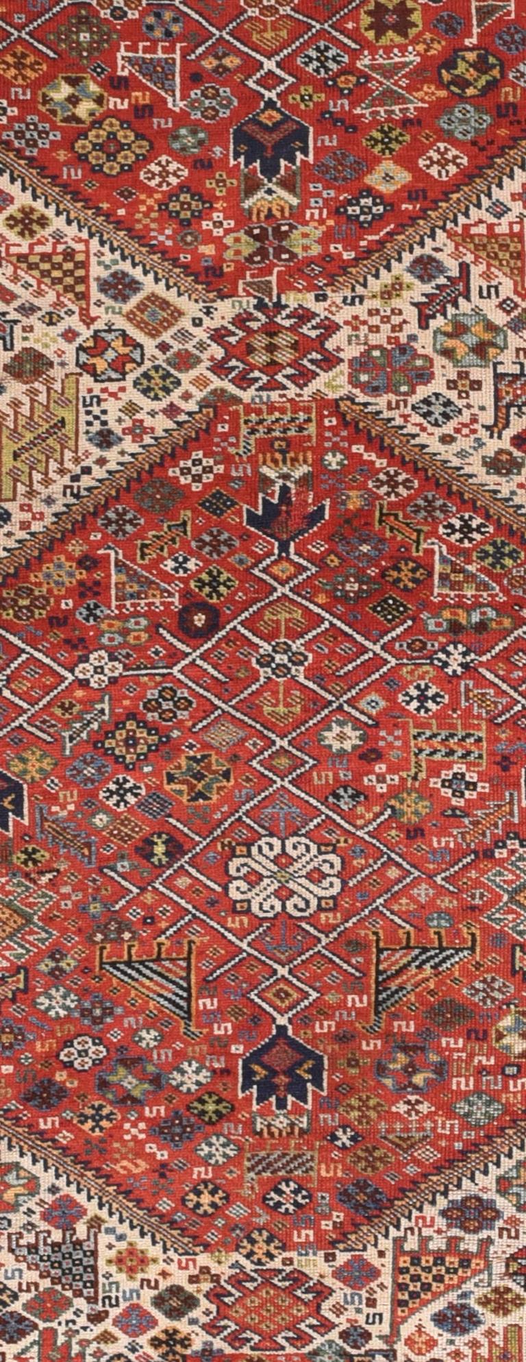Fine antique Qashqai/Kashkai KhamsehPersian rug, hand knotted, circa 1890

Design: Diamonds, Tribal

he Ghashghai nomads are found in the Fars province in the southwest of Iran and they live in the provinces of Fars, Khuzestan and Southern