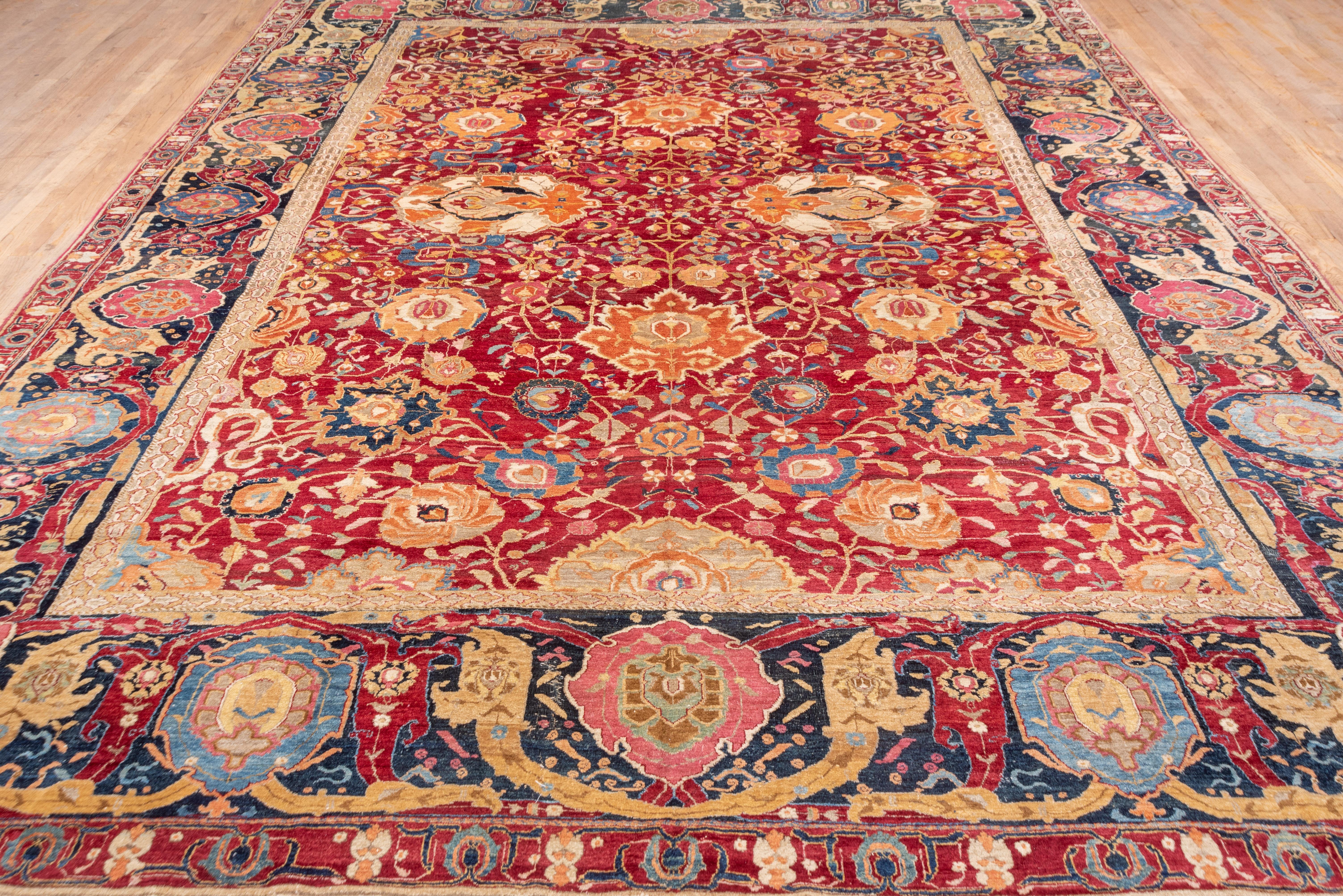 Antiker roter indischer Agra-Teppich, farbenfrohe Palette und Bordüre, rotes Feld (Handgeknüpft)