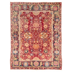 Antiker roter indischer Agra-Teppich, farbenfrohe Palette und Bordüre, rotes Feld