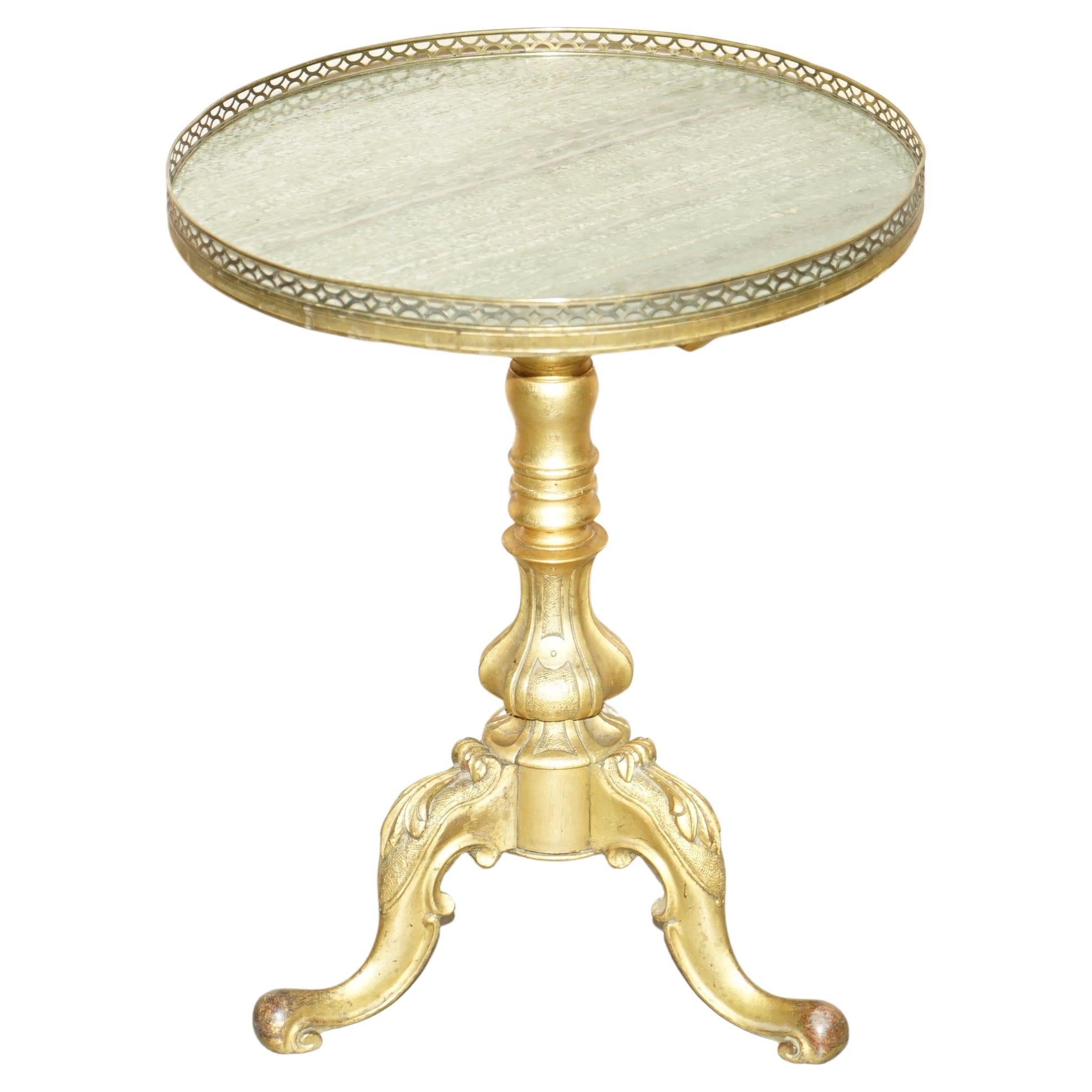 Small Round Wood Side Table with Brass Gallery and White Marble Top at
