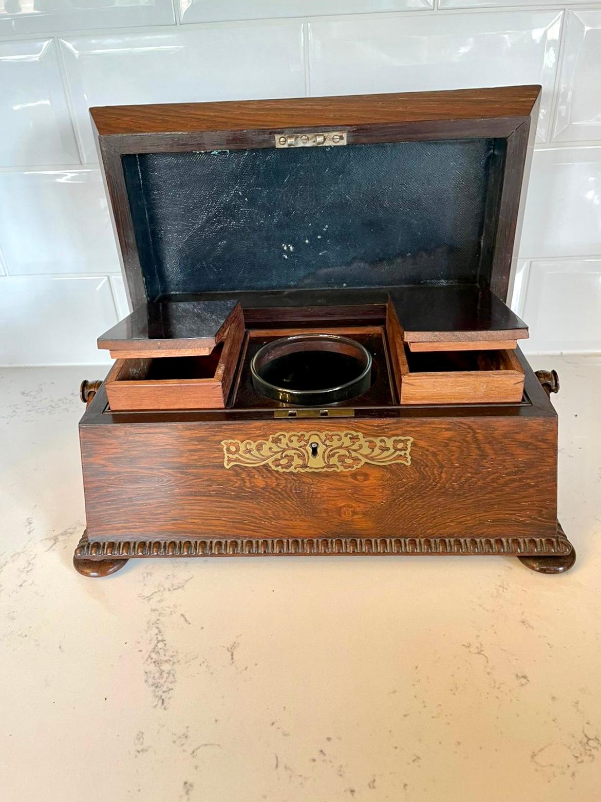 Fine Antique Regency Brass Inlaid Rosewood Tea Caddy For Sale 4