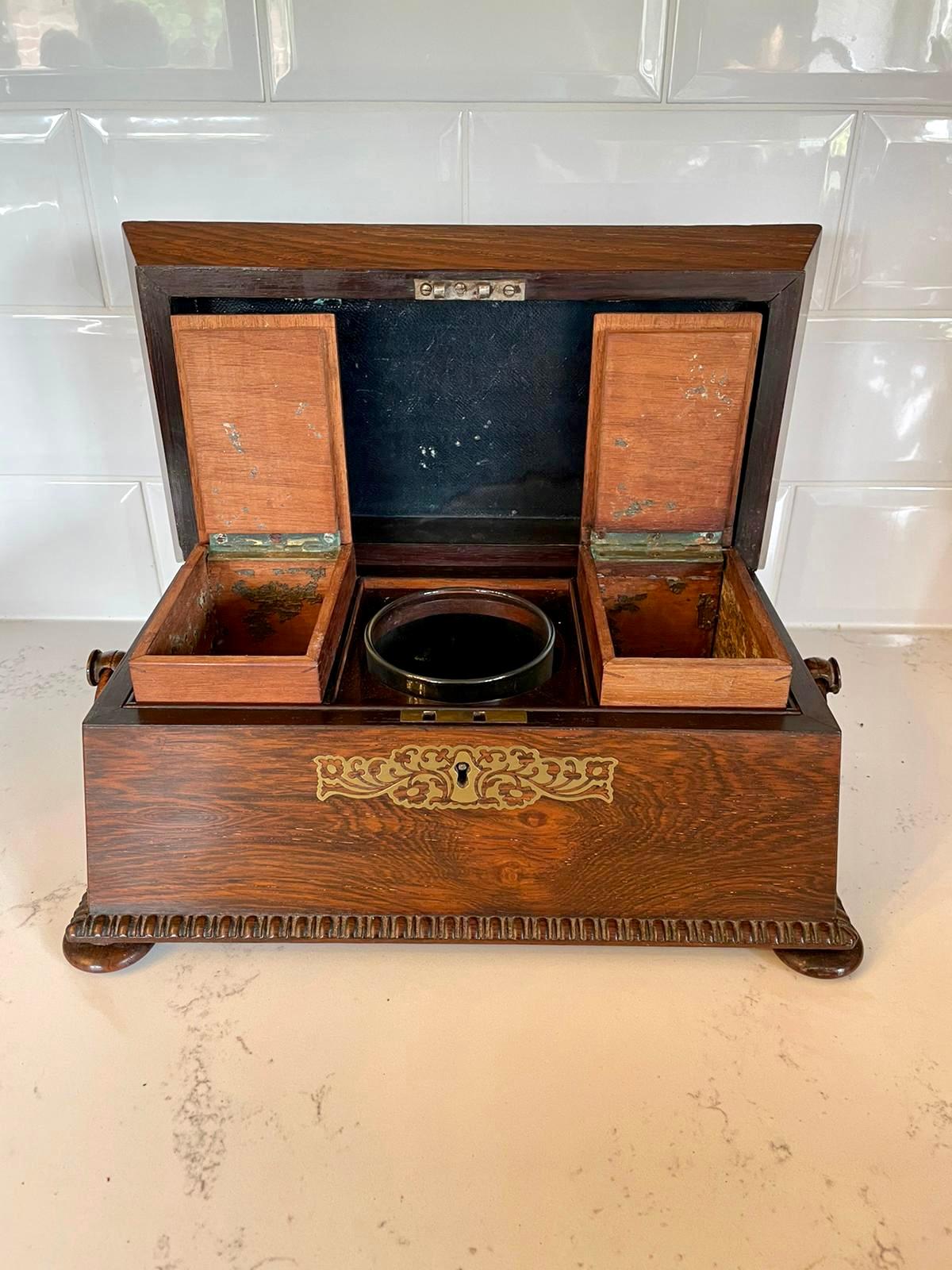 19th Century Fine Antique Regency Brass Inlaid Rosewood Tea Caddy For Sale