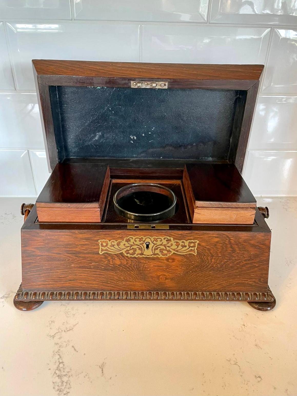 Fine Antique Regency Brass Inlaid Rosewood Tea Caddy For Sale 1