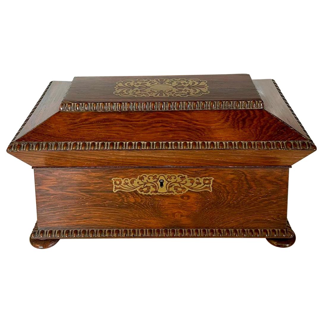 Fine Antique Regency Brass Inlaid Rosewood Tea Caddy For Sale
