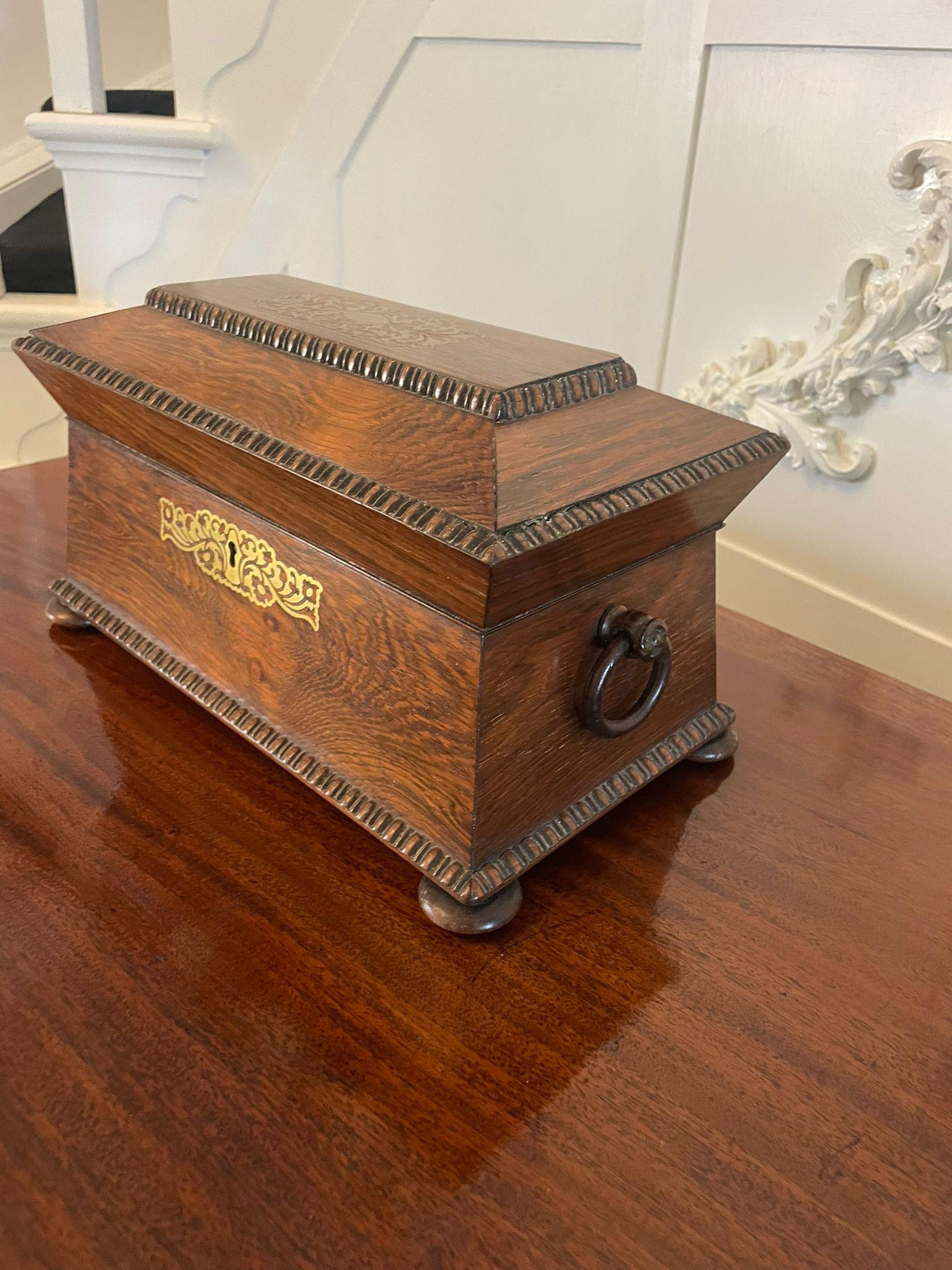 Elegante e antico porta tè Regency in ottone intarsiato e legno di palissandro con uno spettacolare piano in ottone intarsiato e bordo in palissandro intagliato, coperchio sollevabile che si apre per rivelare un interno attrezzato con i porta tè