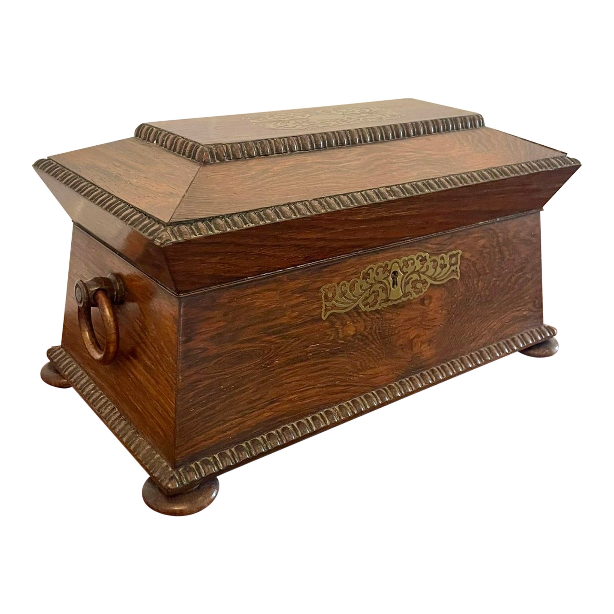 Fine Antique Regency Inlaid Brass Rosewood Tea Caddy