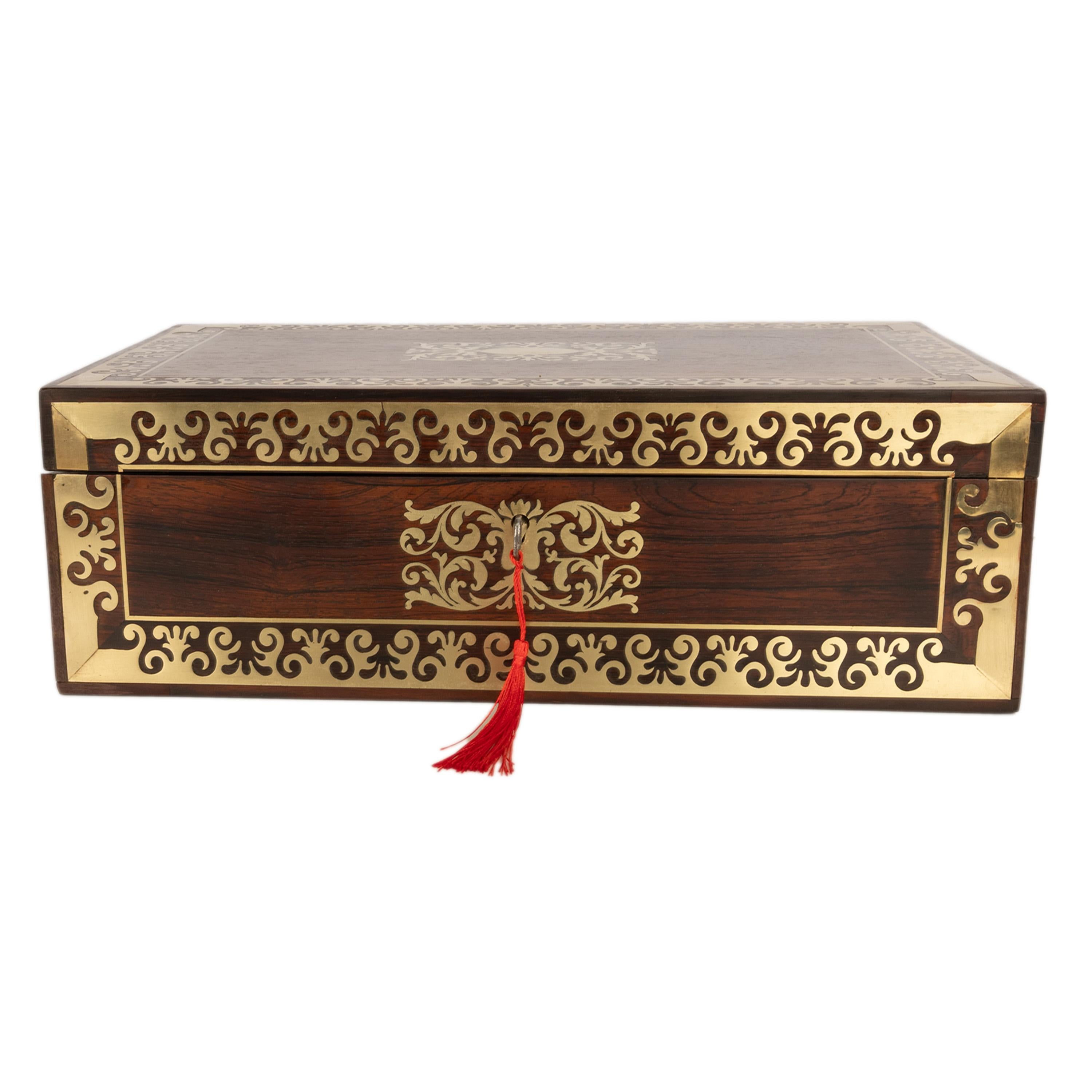 Gilt Fine Antique Regency Rosewood Inlaid Brass Campaign Writing Box Desk Slope 1830 For Sale