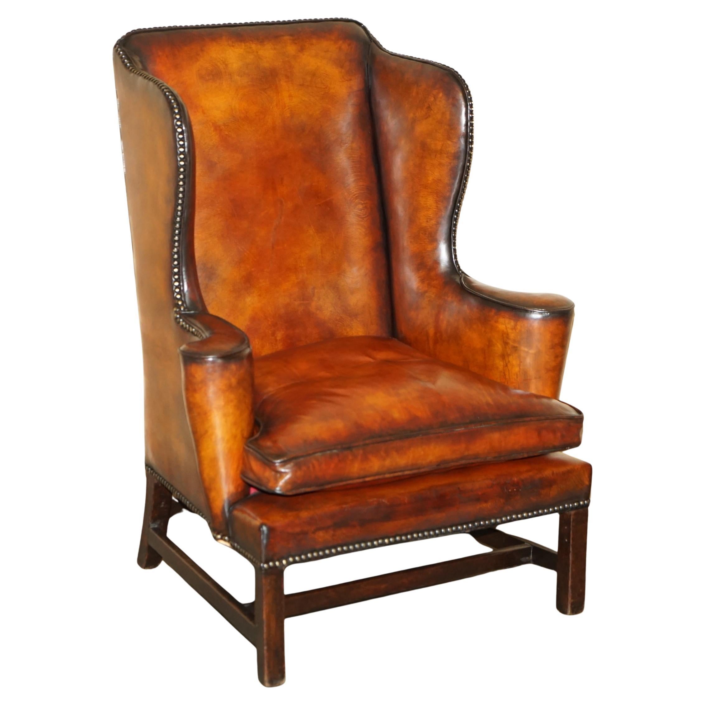 FiNE ANTIQUE RESTORED GEORGE III PERIOD CIR 1780 WINGBACK BROWN LEATHER ARMCHAIR