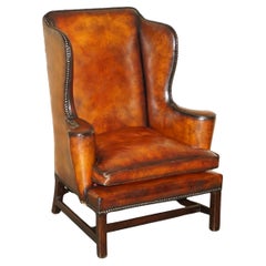 FiNE FAUTEUIL ANTIQUE RESTAURE GEORGE III PERIOD CIR 1780 WINGBACK BROWN LEATHER ARMCHAIR
