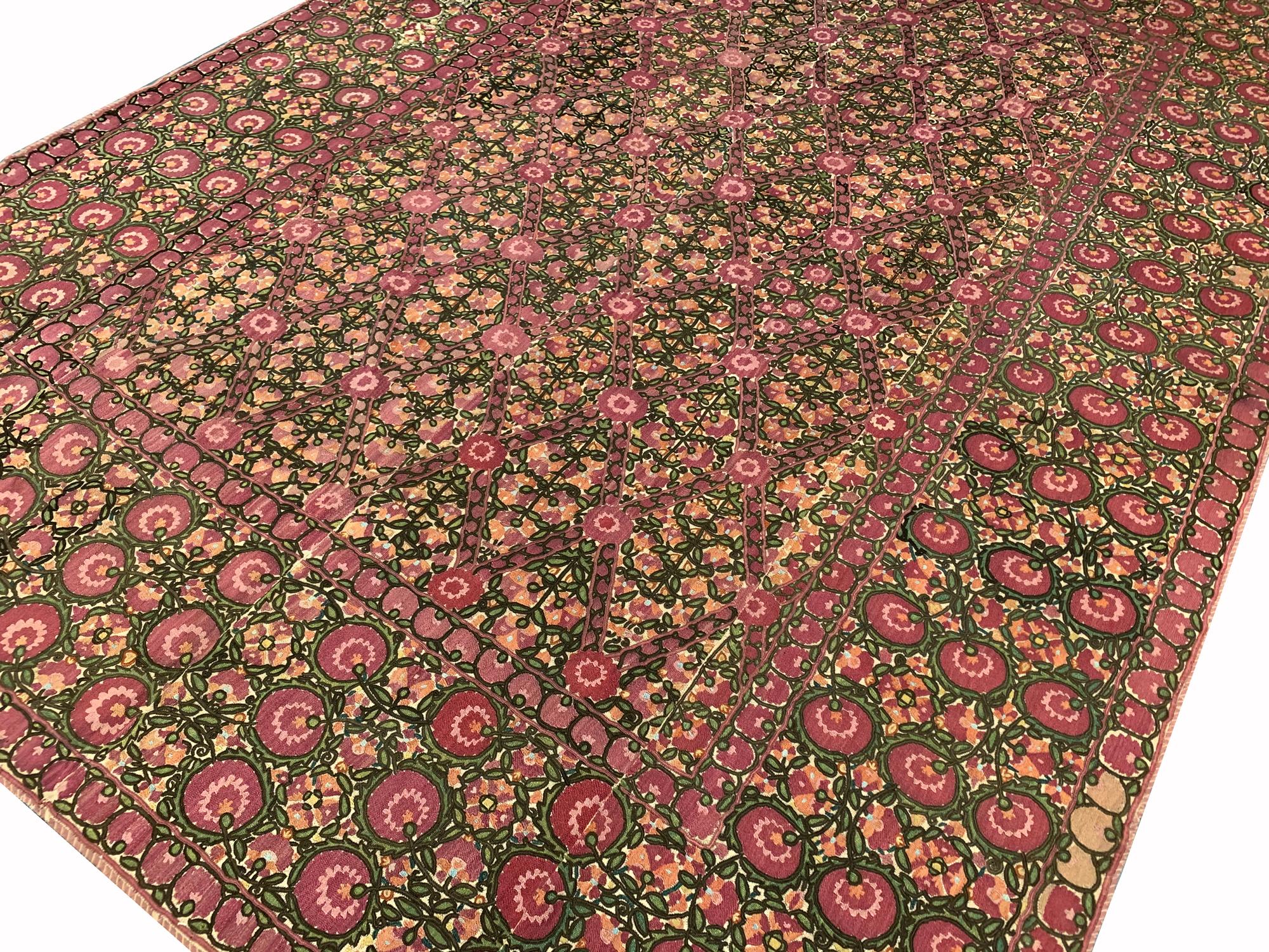 Mid-Century Modern Fine Antique Rugs Handmade Bukhara Suzani Floral Embroidered Textile