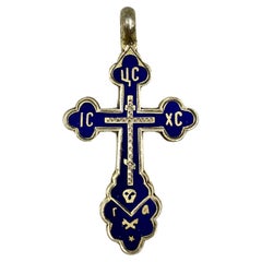 Fine Vintage Russian Orthodox Cobalt Enamel Silver Cross, 19th Century