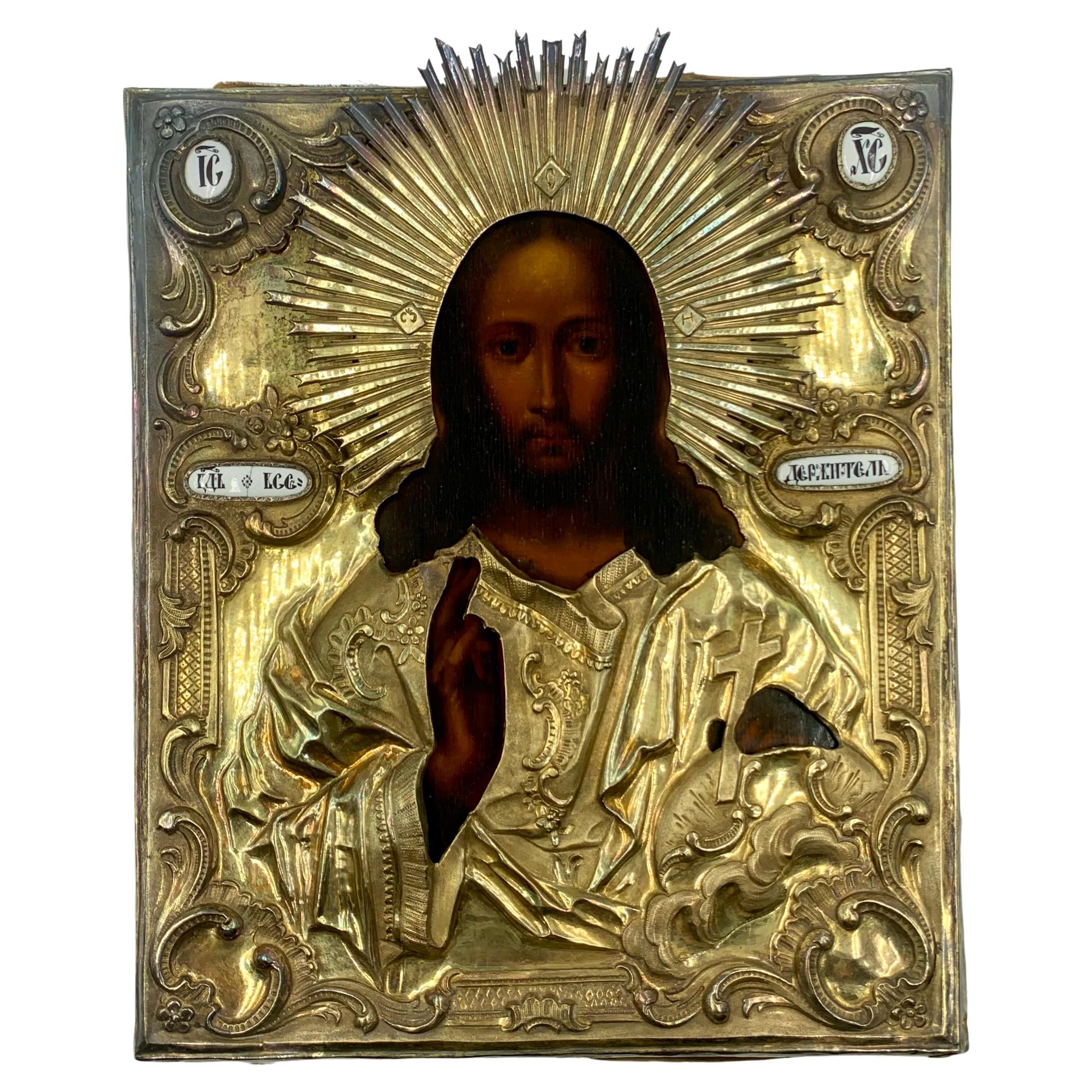 Fine Antique Russian Vermeil Silver, Enamel Christ Pantocrator Icon, Moscow 1848