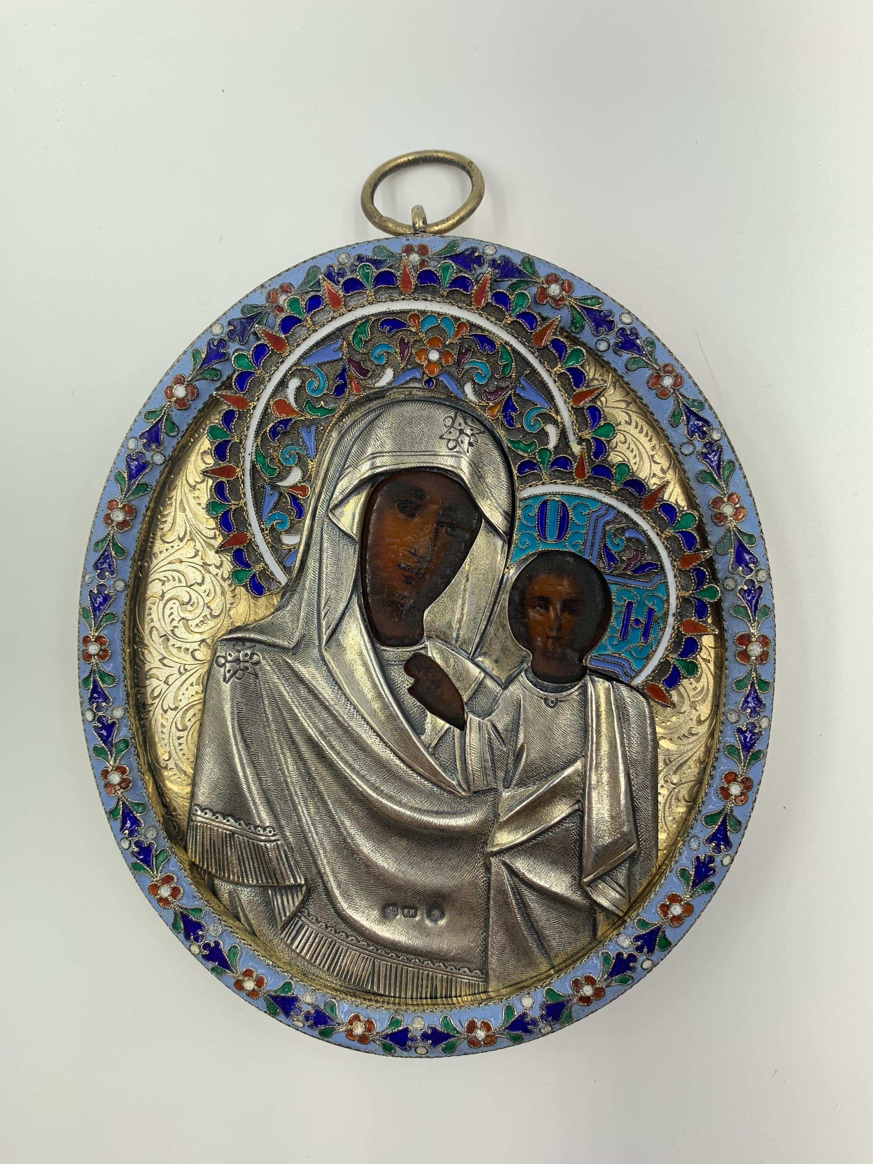 Fine Antique Russian Vermeil Silver Enamel Pendant Icon of Kazan Mother of God  For Sale 8