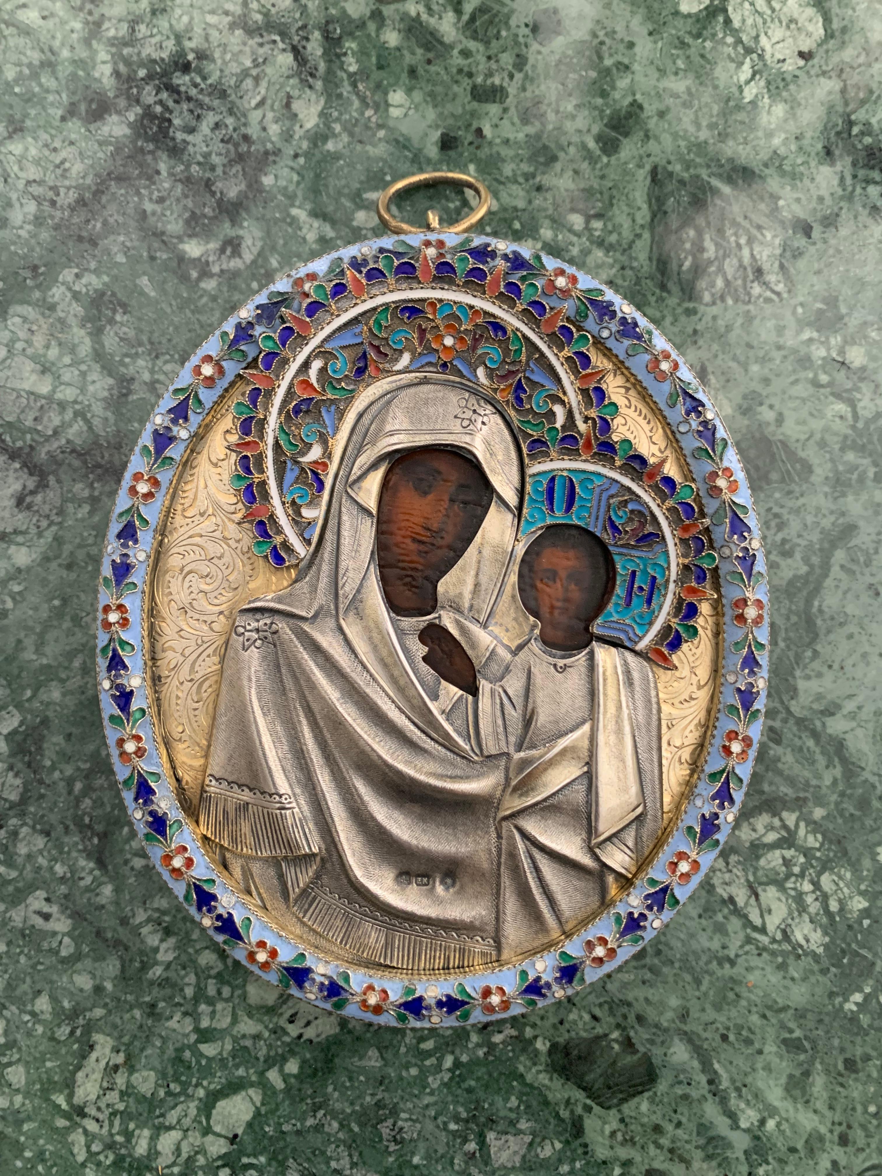 Fine Antique Russian Vermeil Silver Enamel Pendant Icon of Kazan Mother of God  For Sale 9