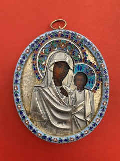 Fine Antique Russian Vermeil Silver Enamel Pendant Icon of Kazan Mother of God