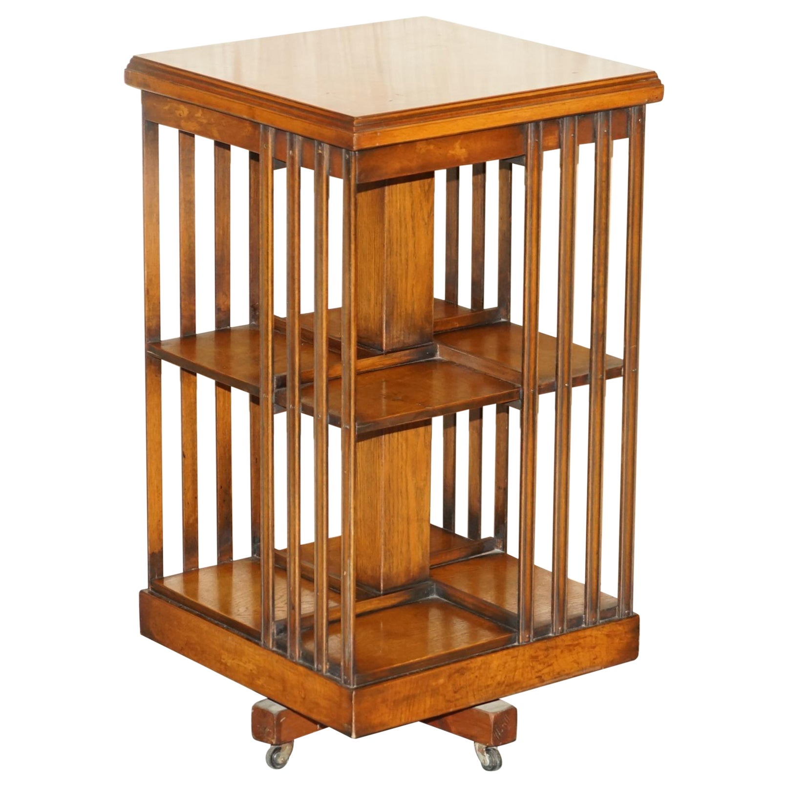 Fine Antique Sheraton Revival Burr Satinwood Revolving Bookcase Side End Table