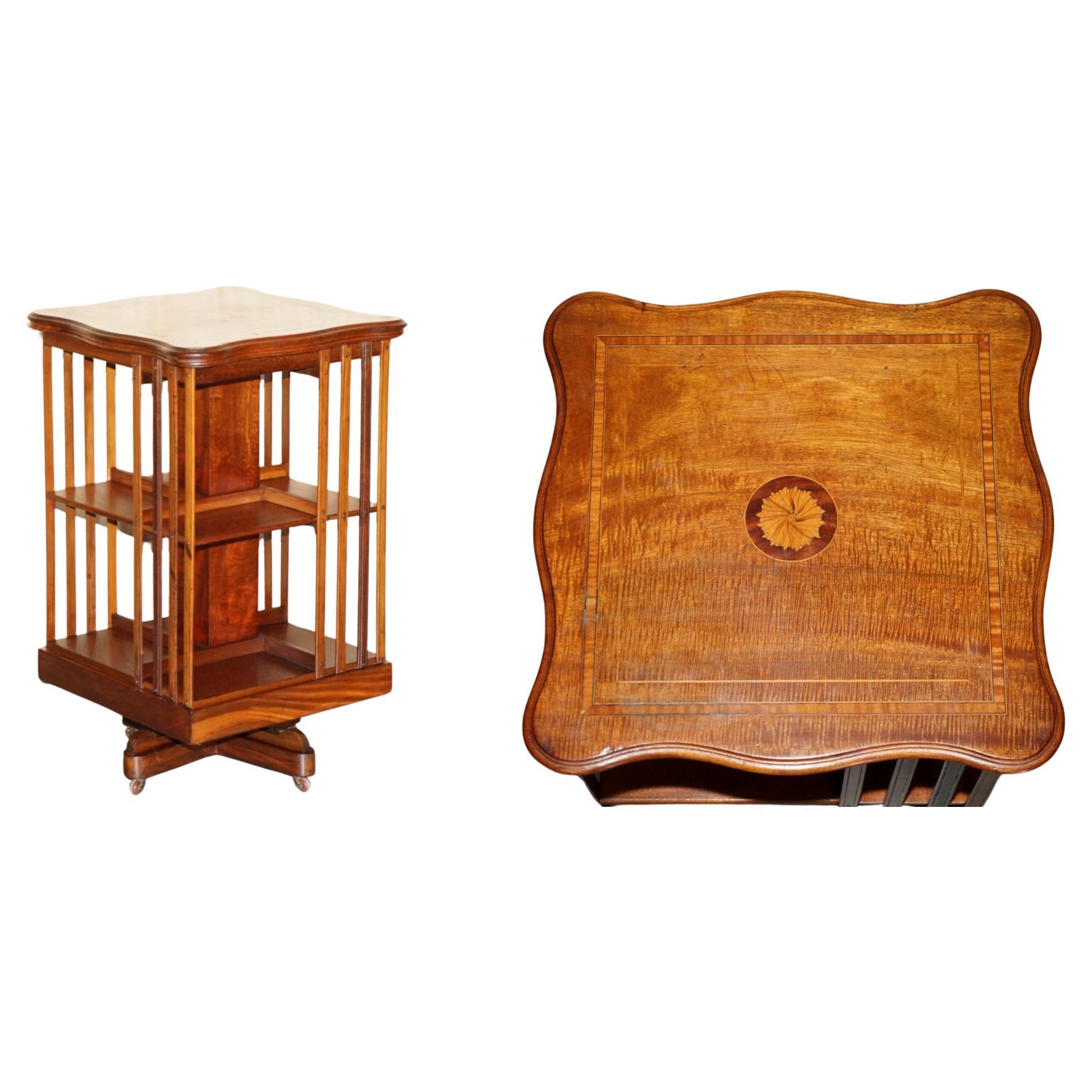 FINE ANTiQUE SHERATON WALNUT, SATINWOOD 
PORCELAIN REVOLVING BOOKCASE TABLE