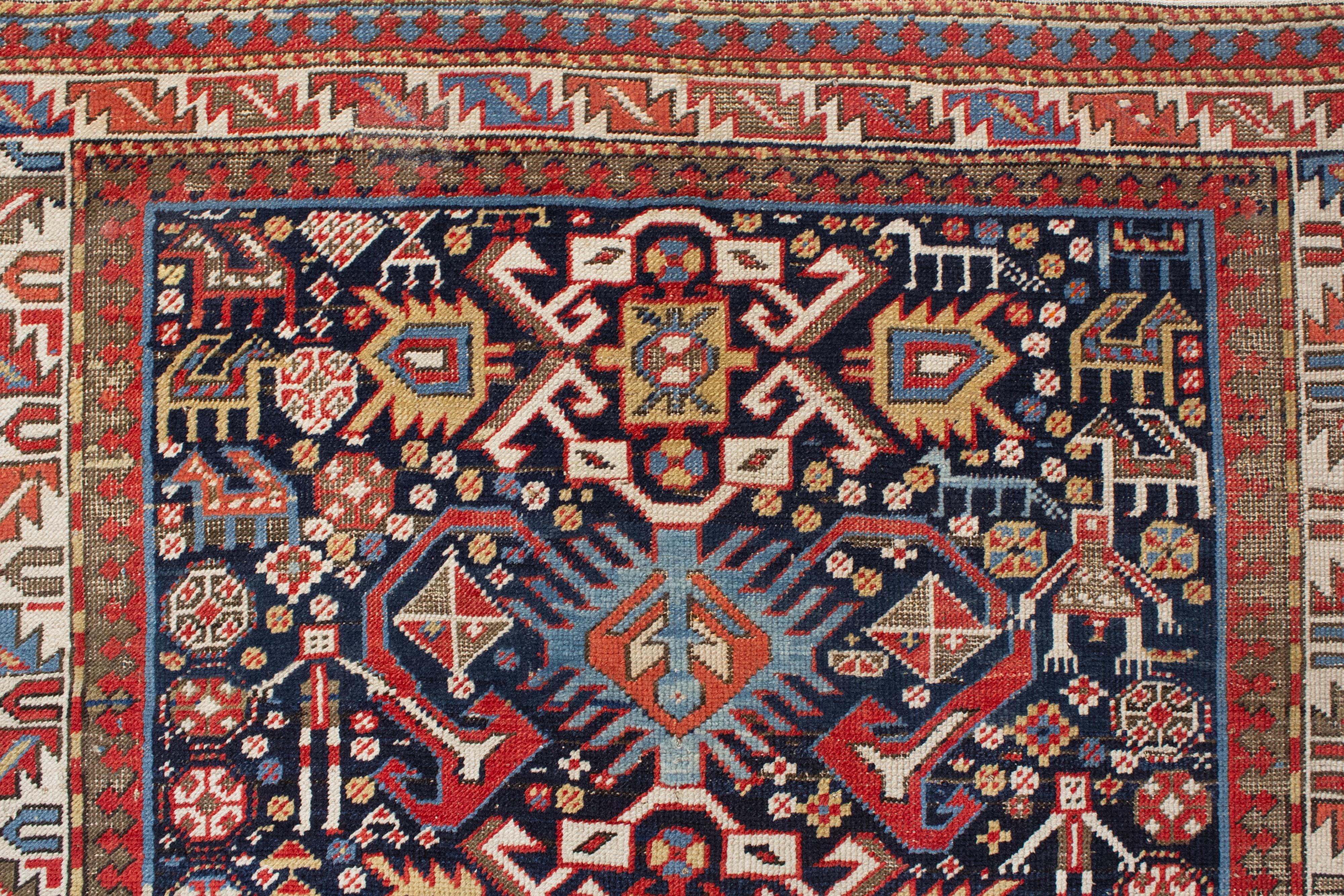 Hand-Knotted Fine Antique Shirvan Rug with Stylised Animals and People For Sale