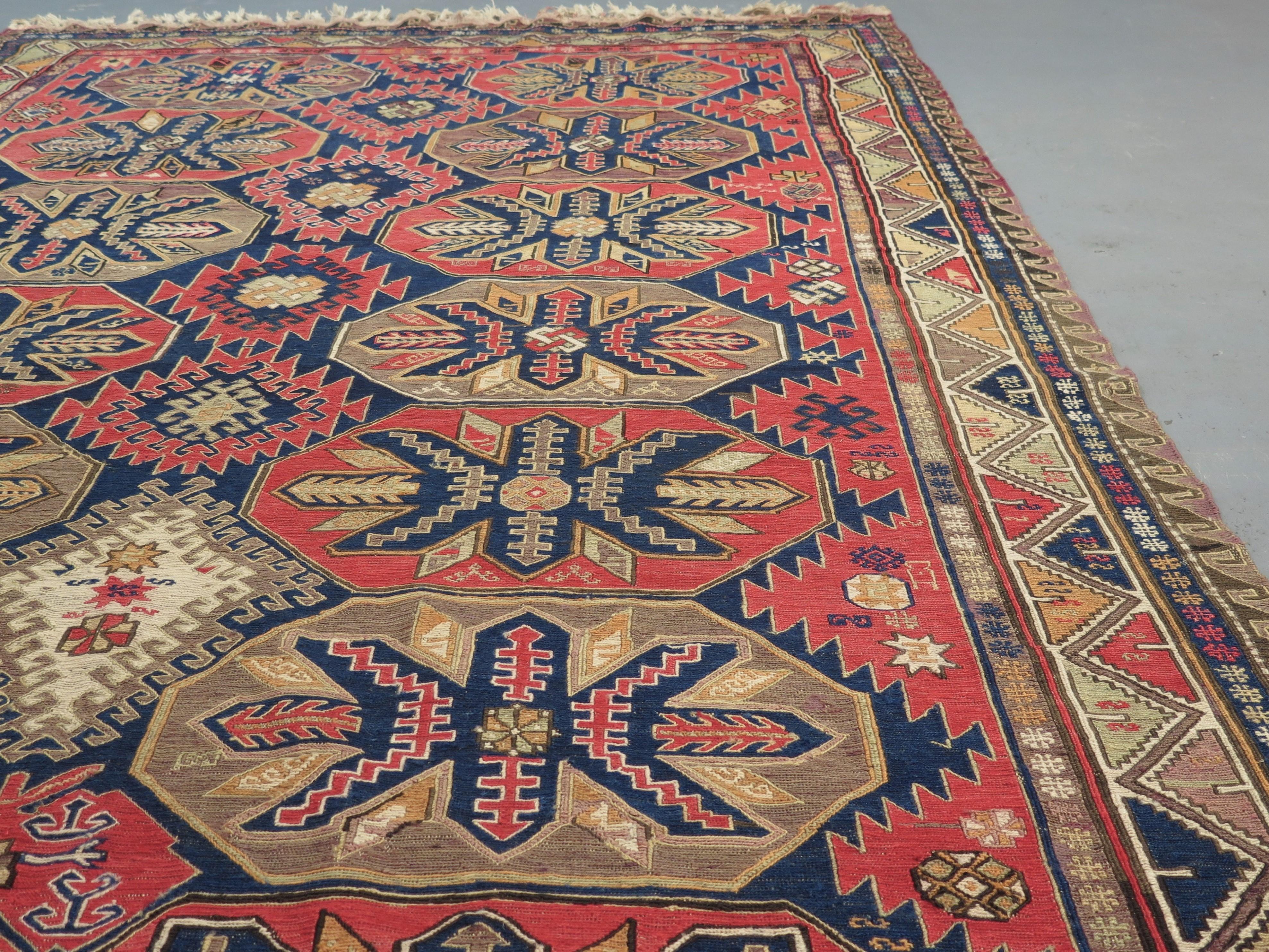 Antique Soumac flatweaves from the Caucasus are exceptionally durable: stronger and longer lasting than kilims. These pieces are extraordinarily finely woven, showcasing richly detailed motifs, borrowed from ancient tribal symbols native to the