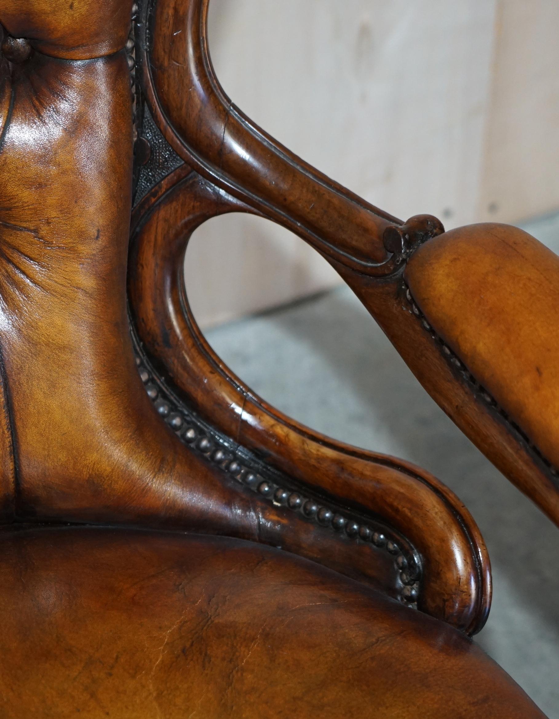 Fine Antique Show Framed Victorian Chesterfield Brown Leather Library Armchair For Sale 3