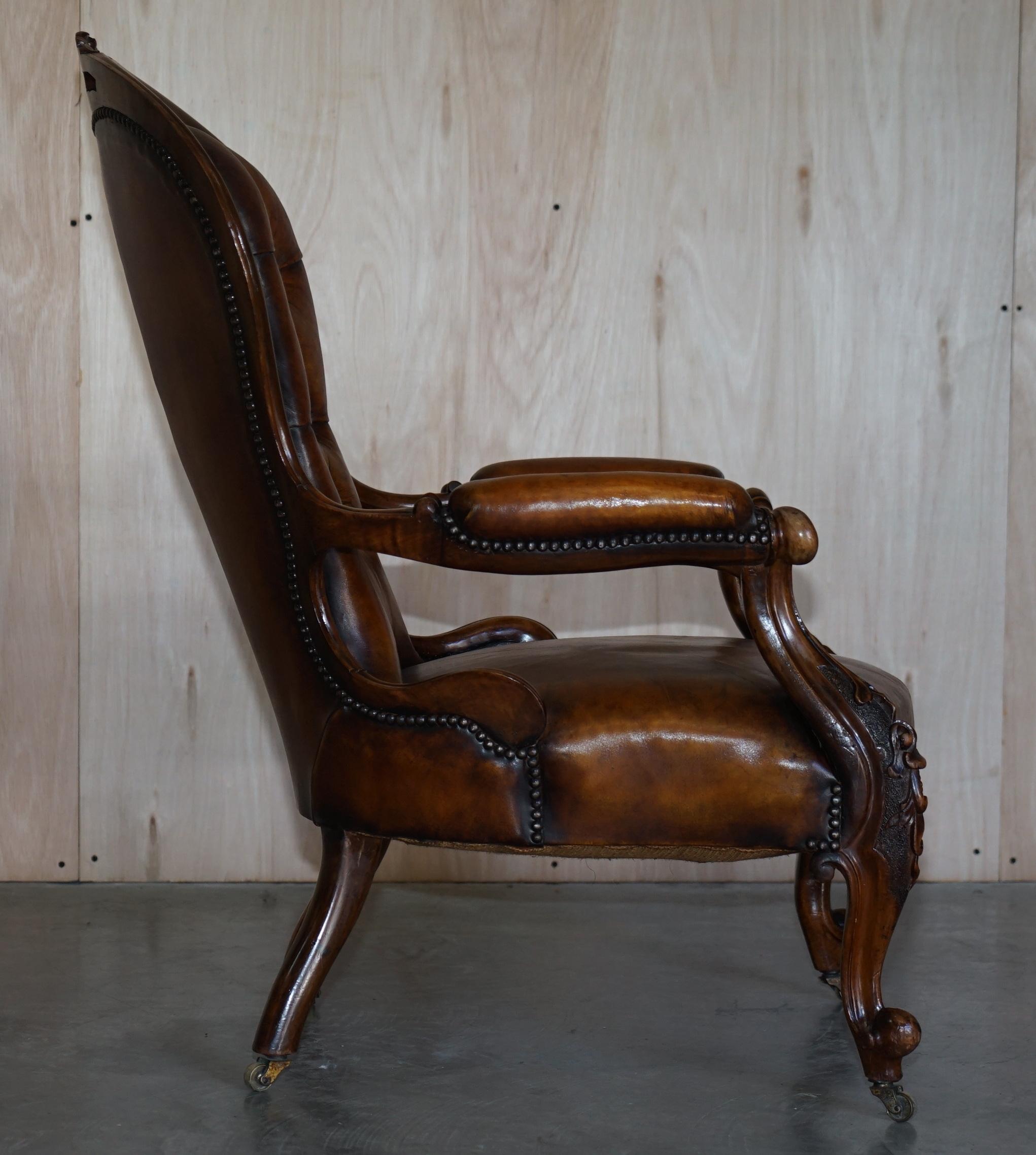 Fine Antique Show Framed Victorian Chesterfield Brown Leather Library Armchair For Sale 11