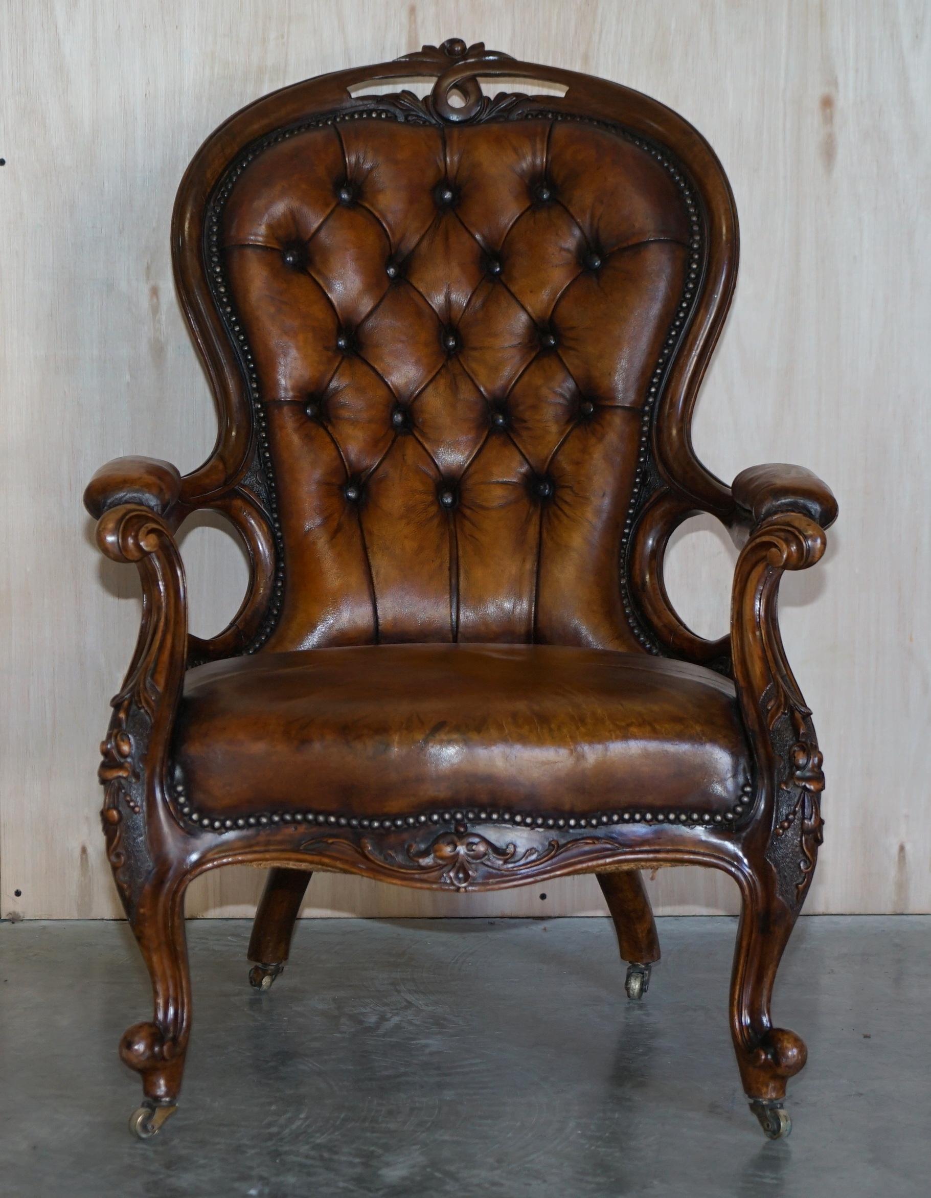 We are delighted to offer for sale this rare fully restored circa 1860 Show framed Chesterfield tufted hand dyed brown leather library reading chair.

This chair is really quite exquisite, its what’s called a show frame, cabinet makers would craft