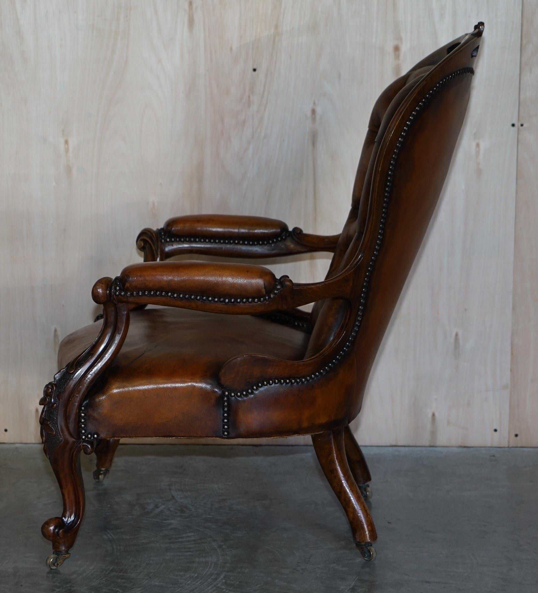 Fine Antique Show Framed Victorian Chesterfield Brown Leather Library Armchair For Sale 14
